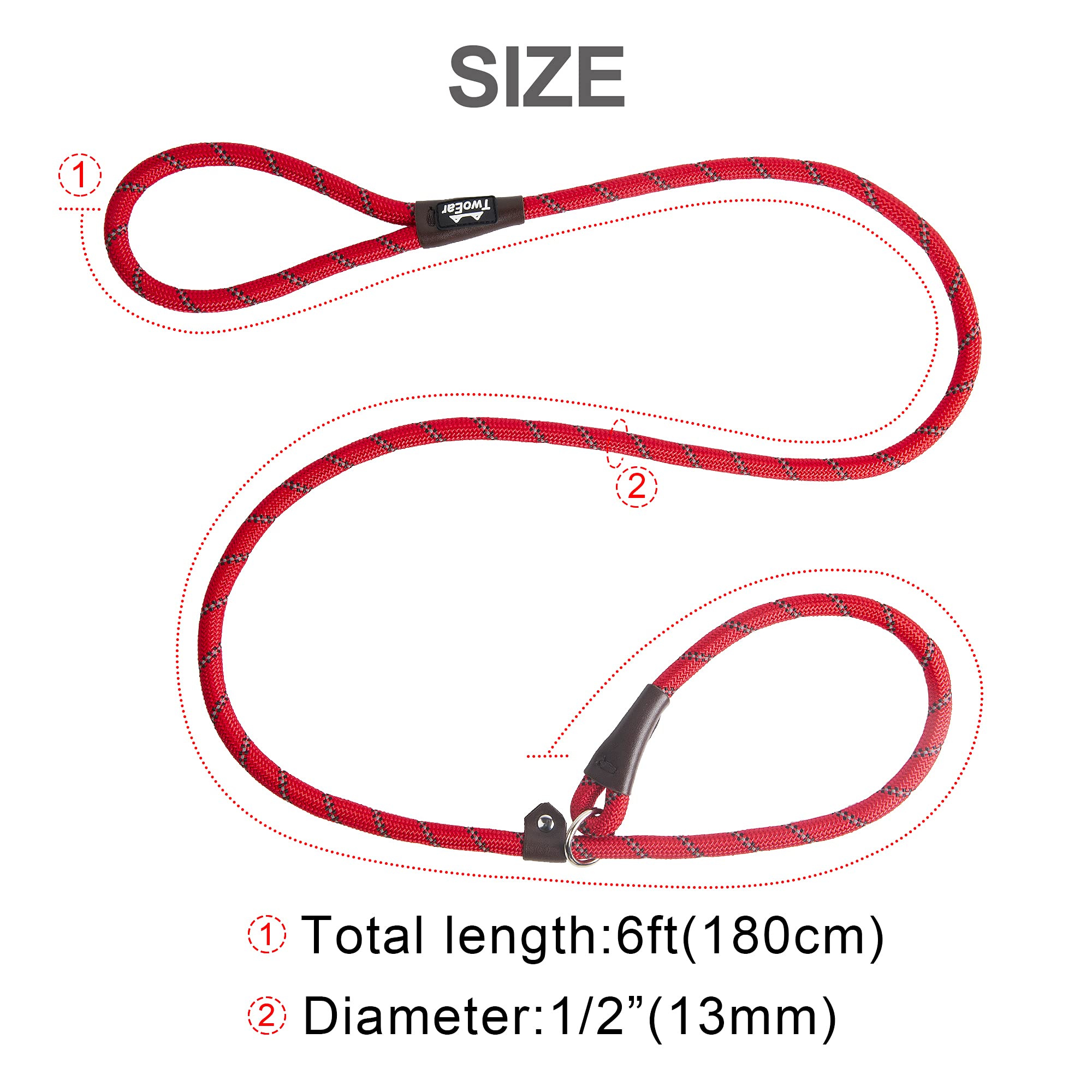 Twoear Dog Leash Dog Slip Rope Leash 6Ft Dog Training Leash Heavy Duty Strong Slip Lead Highly Reflective Threads For Small Medium And Large Dogs (Slim(3/8''X6Ft), Red)