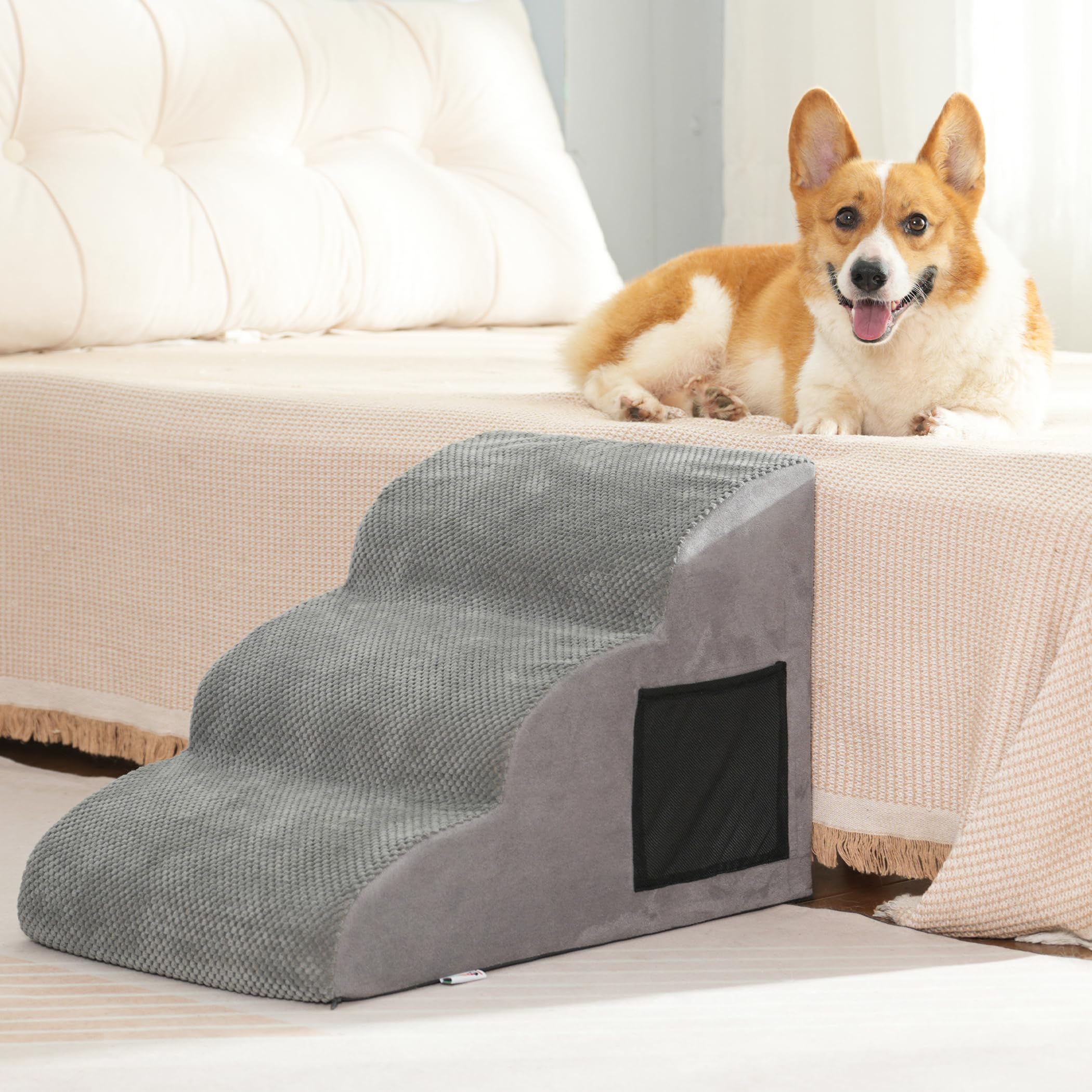YunNasi Dog Steps Stairs for Bed/Sofa, 3Step Extended Pet Stairs, NonSlip Dog Ramp with High Density Foam and Removable Cover,