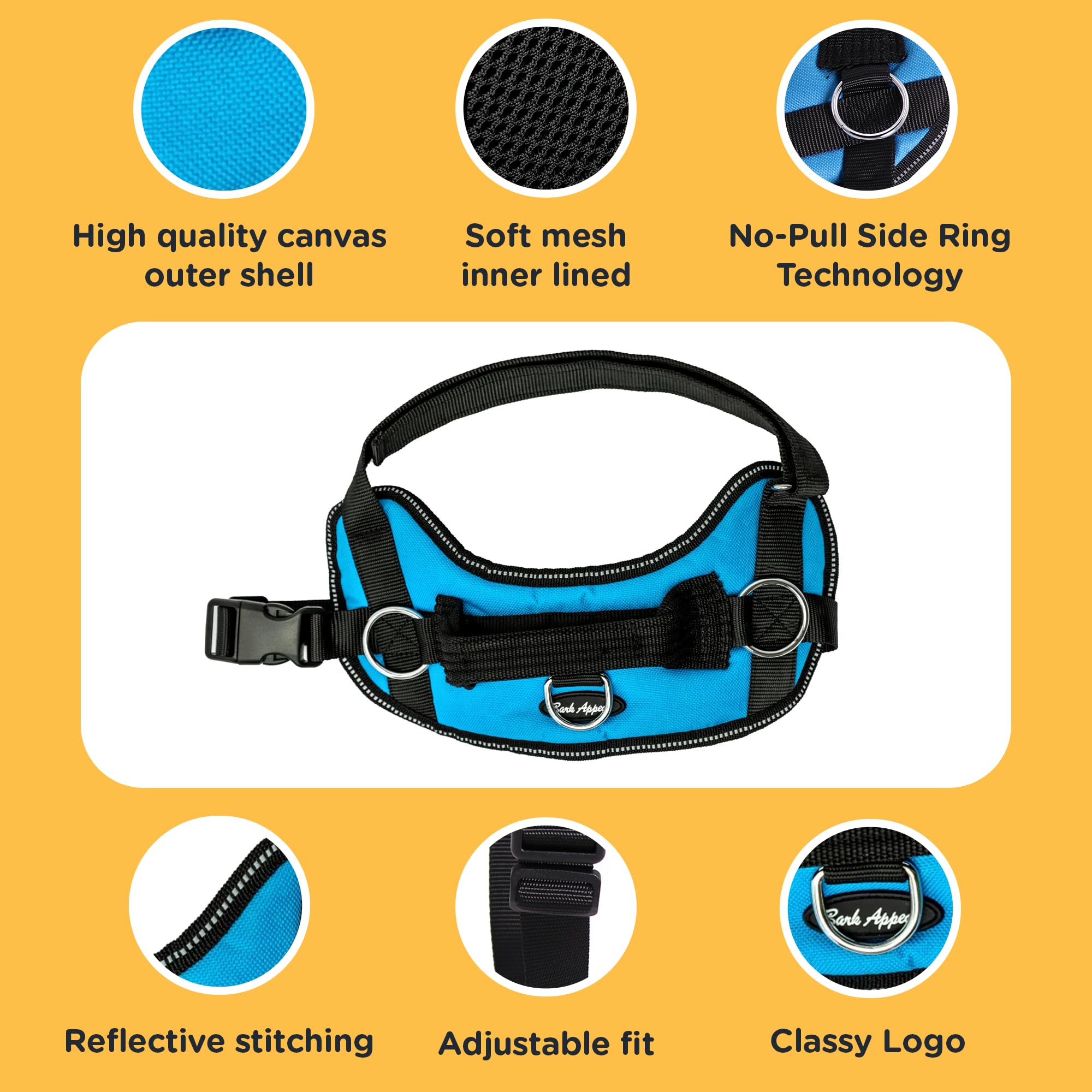 Bark Appeal Blue No-Pull Dog Harness for Large to Extra Large Sized Pets - Adjustable, Reflective Vest with 3 Leash Clips for Ad