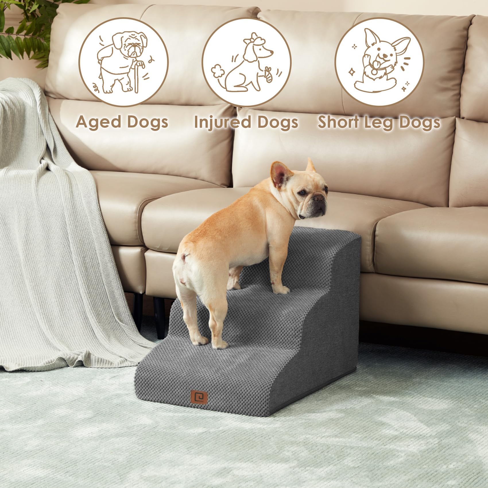 Eheyciga Curved Dog Stairs Ramp For Small Dogs 15.7' H, 3-Step Dog Steps For Couch Sofa And Chair, Pet Stairs For Cats, Non-Slip Balanced Pet Steps Indoor, Grey