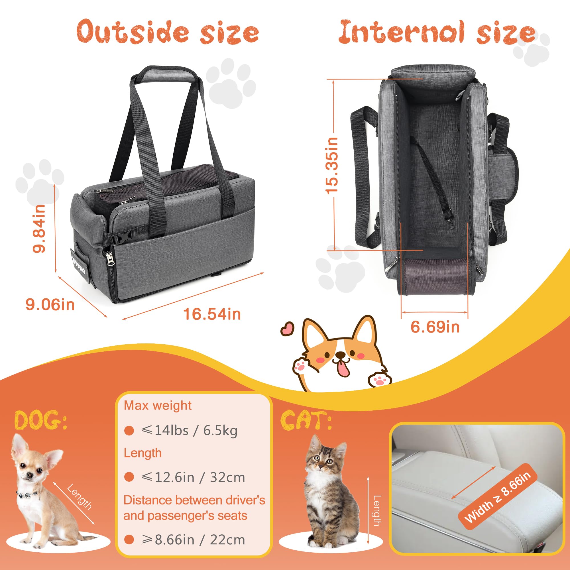 Woyyho Center Console Dog Car Seat Waterproof And Easy Clean Dog Car Seat For Small Dogs Thickened Pu Leather Dog Car Seat With Adjustable Safety Belt (Up To 14 Lbs), Grey