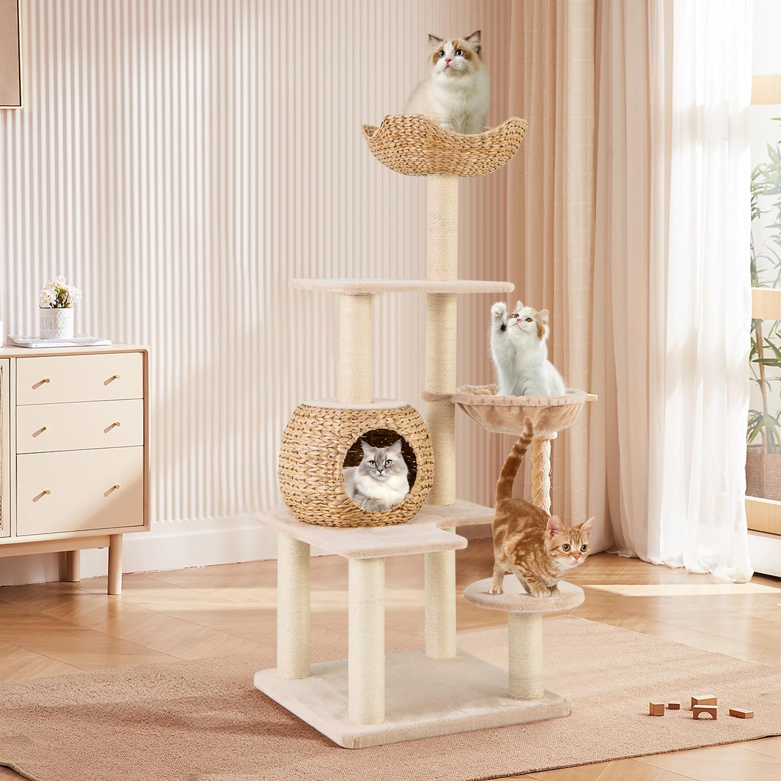 Tangkula Modern Cat Tree, 65 Inch Tall Cat Tower With Jute Scratching Posts, Dangling Balls, Cattail Basket Bed & Top Perch, Rem