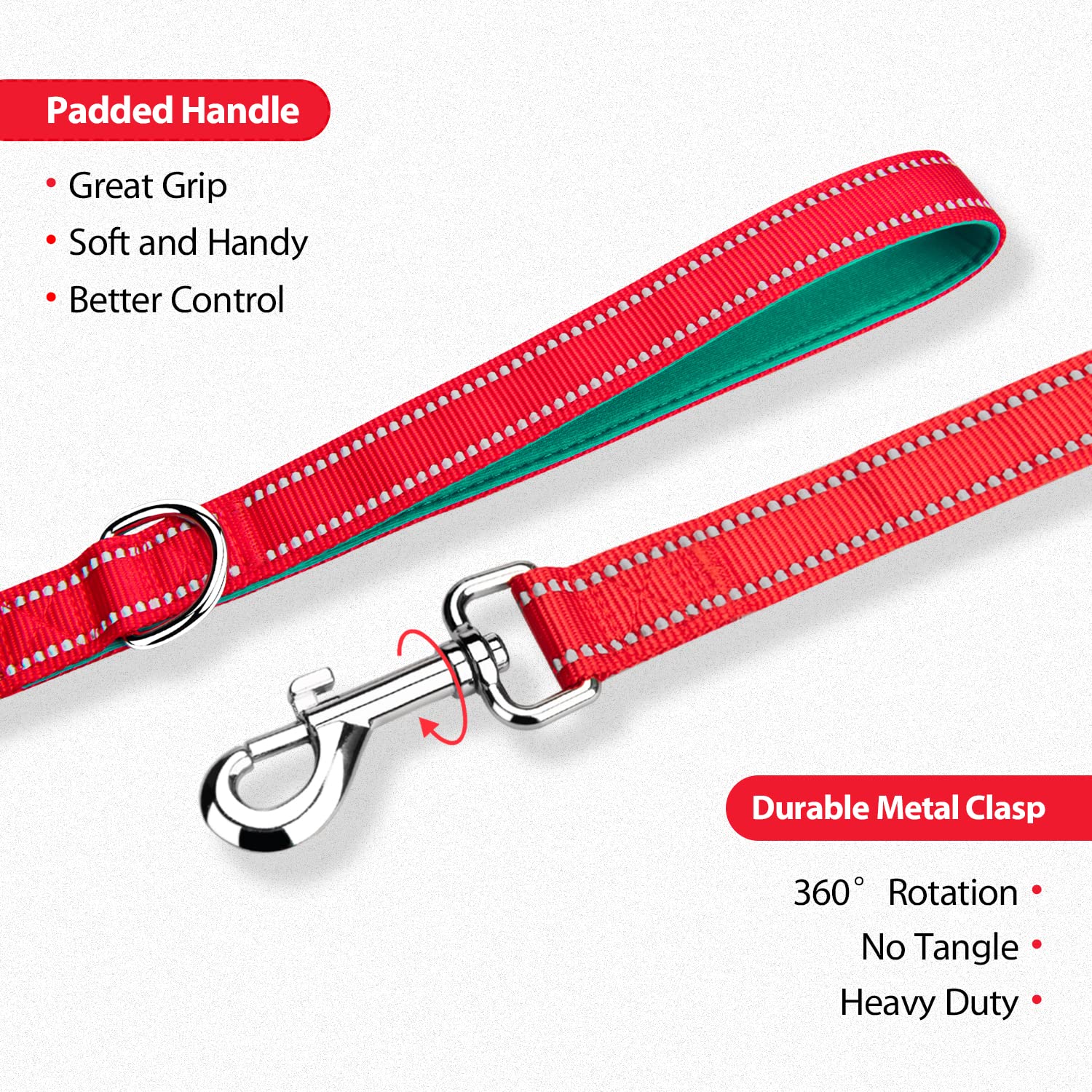 Phoepet 5 Feet Dog Leash - Dual-Side Reflective - Soft Padded Handle - Fit For Walking, Training Or Exploring Hiking, Camping(Re