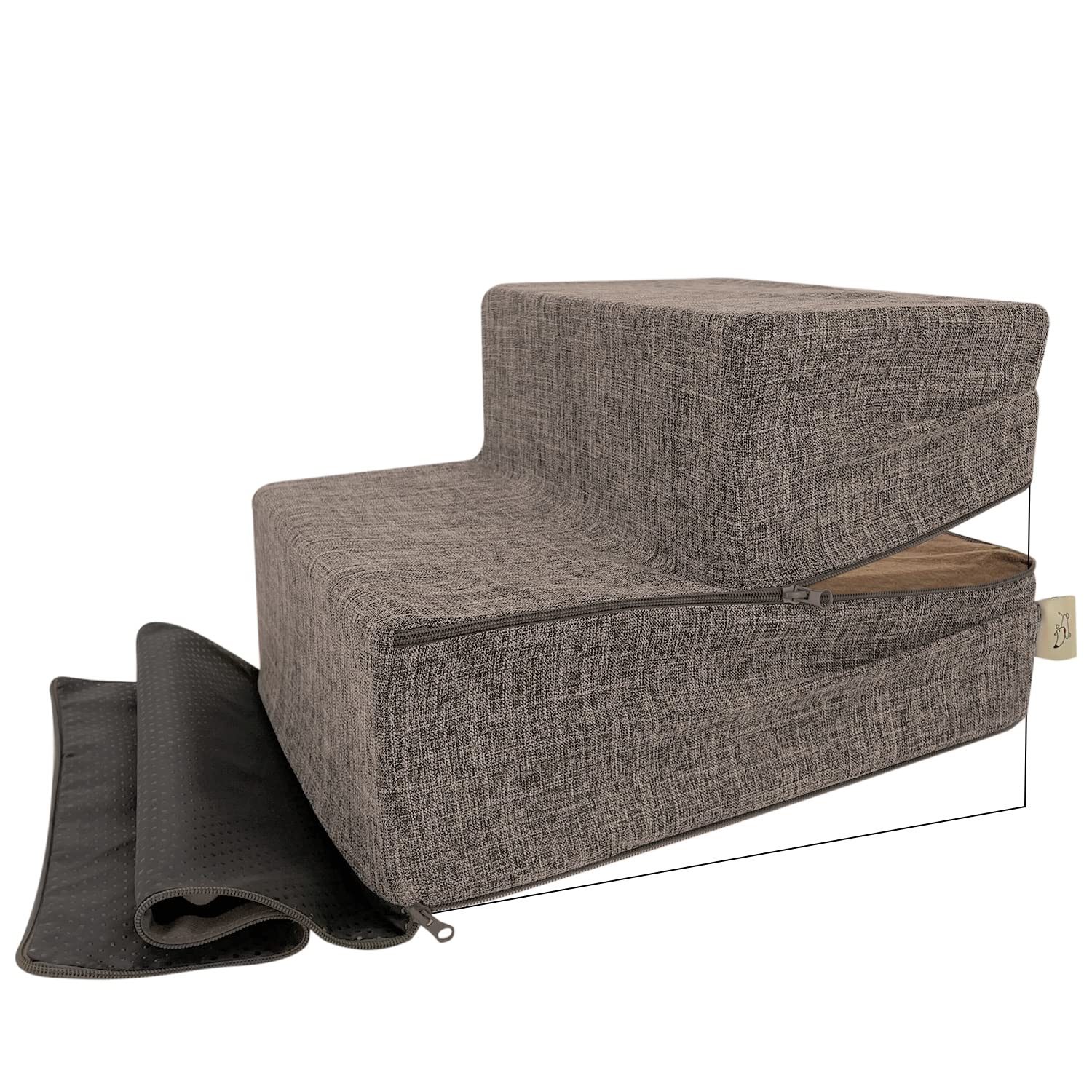 Best Pet Supplies Foldable Pet Stairs Cover For Foam Dog Ramps, Replacement Slip With Non-Slip Step Surface, Plush And Soft Fabric, Provides Paw Traction And Stability - Brown Linen, 2-Step