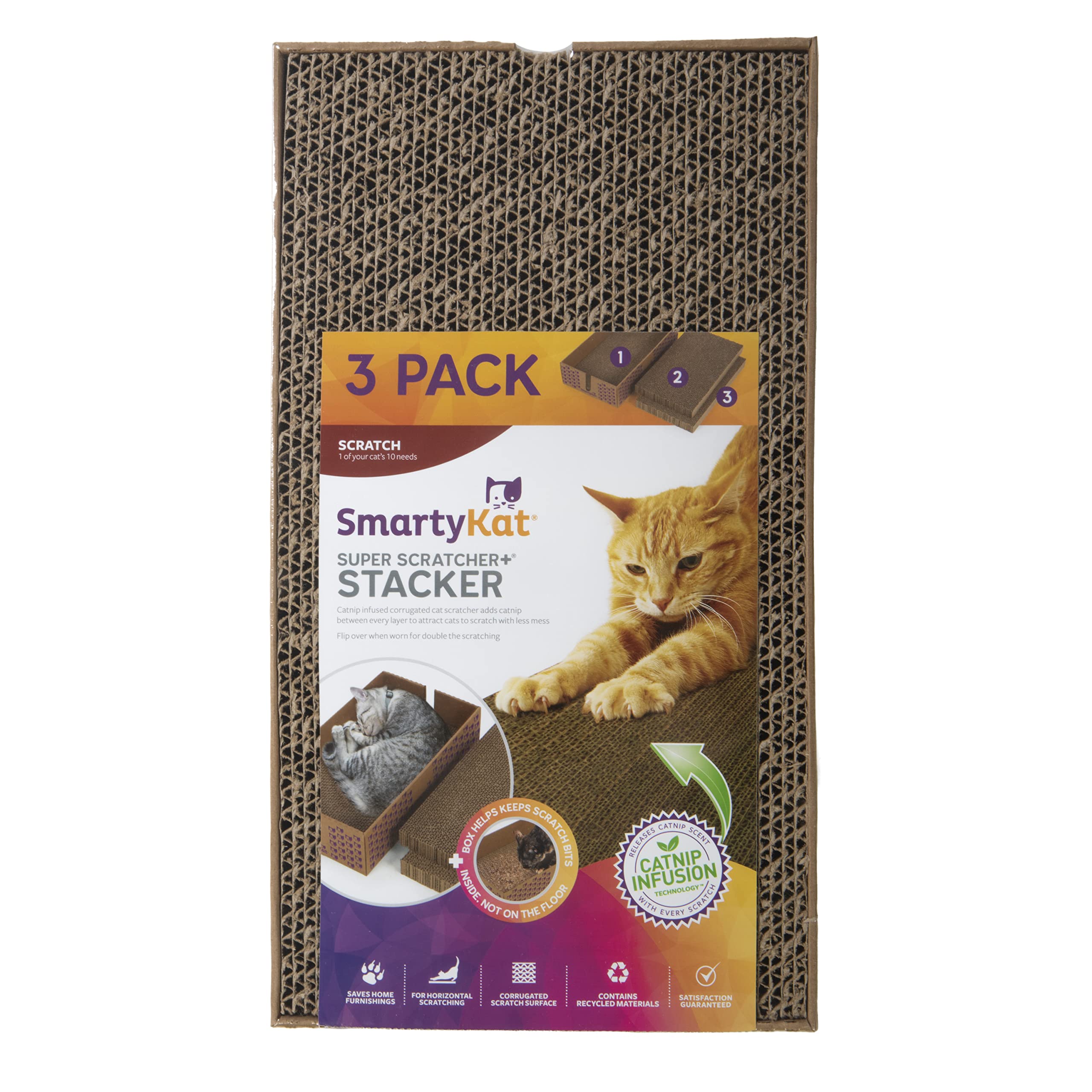 Smartykat (3 Set) Super Scratcher+ Stacker Box Corrugated Cat Scratchers, Catnip Infusion Technology - Brown, Double Wide, 3 Set