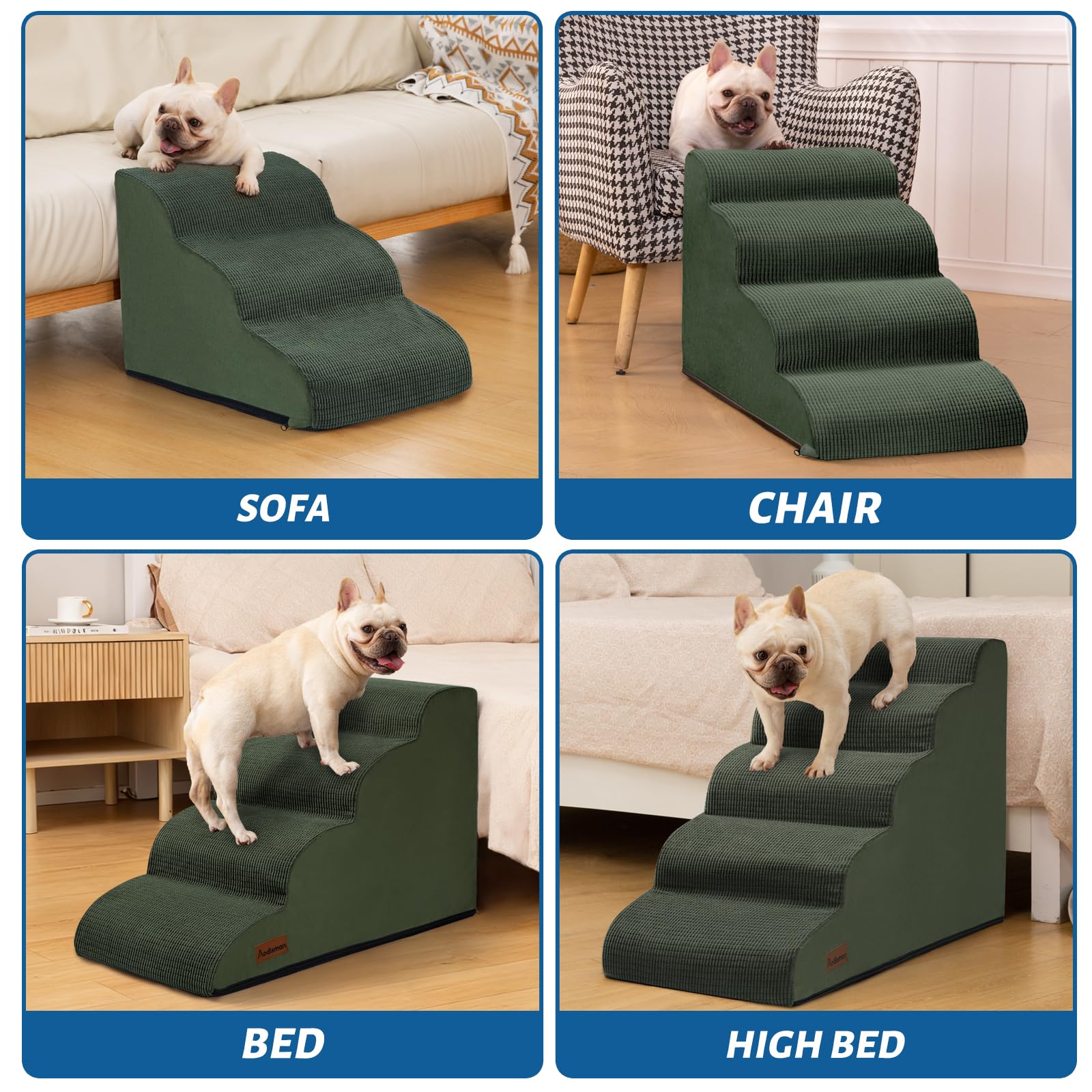 Aodisman 5-Step Dog Stairs and Ramp for High Bed, Non-Slip Sturdy Pet Steps for Small Dogs and Cats,22.2 H,Green