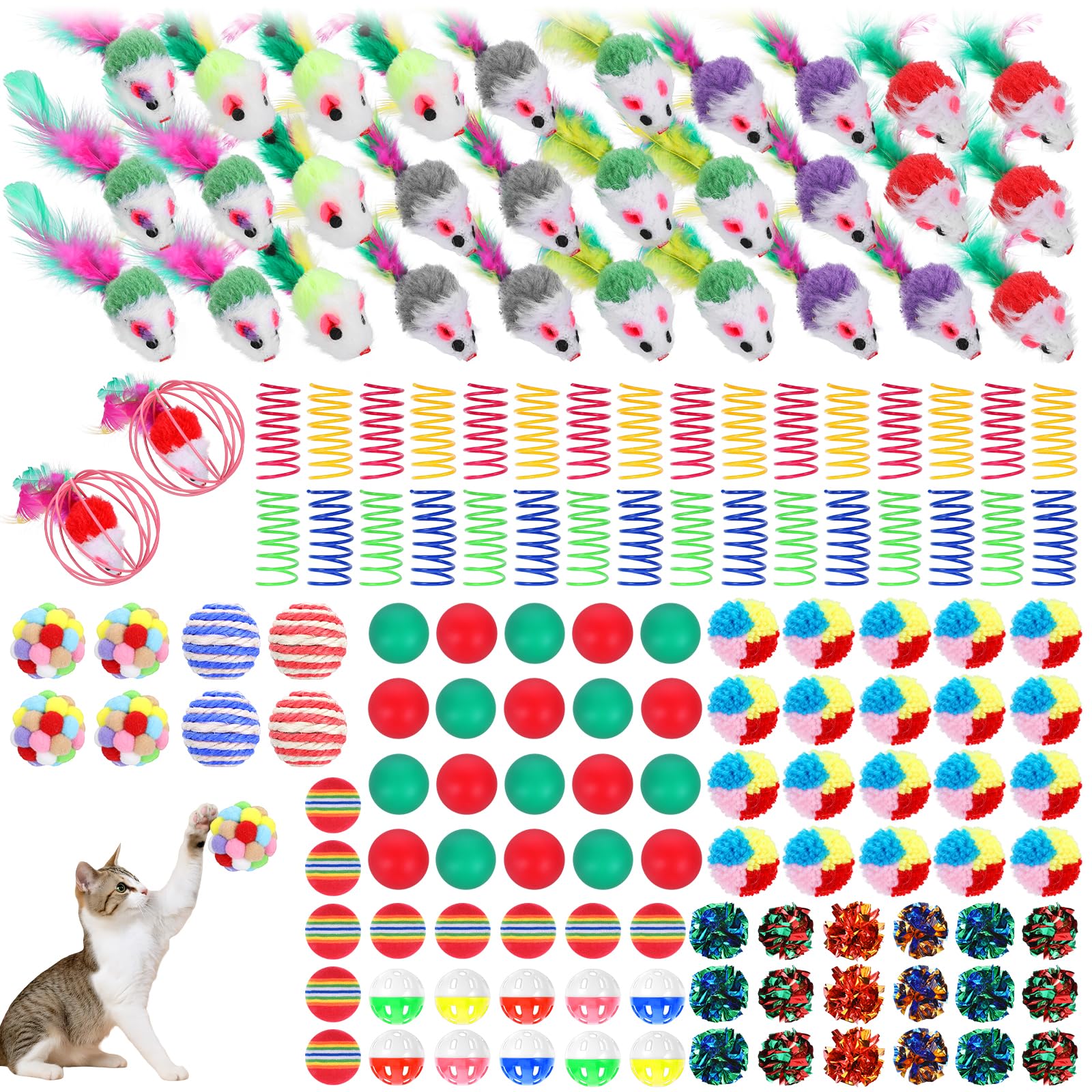 150 Pcs Cat Toys Bulk, Kitten Toys Assorted Cat Toy Variety Pack Cats Toy Bundle With Mice Rainbow Balls/Springs Crinkle Balls/L