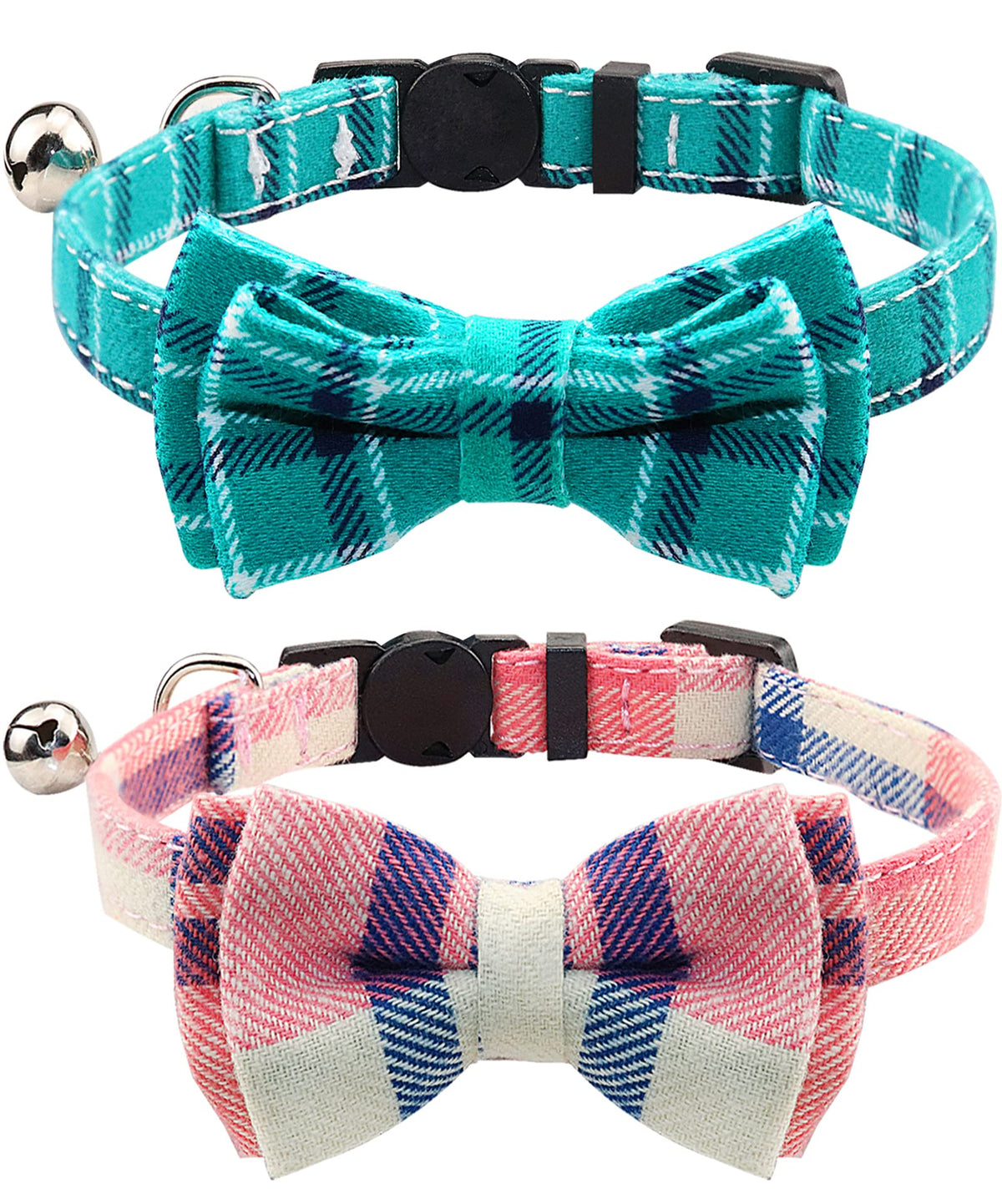 Joytale Upgraded Cat Collar With Bells, Breakaway Cat Collars With Bow Tie, 2 Pack Girl Boy Safety Plaid Kitten Collars, Pink+Te
