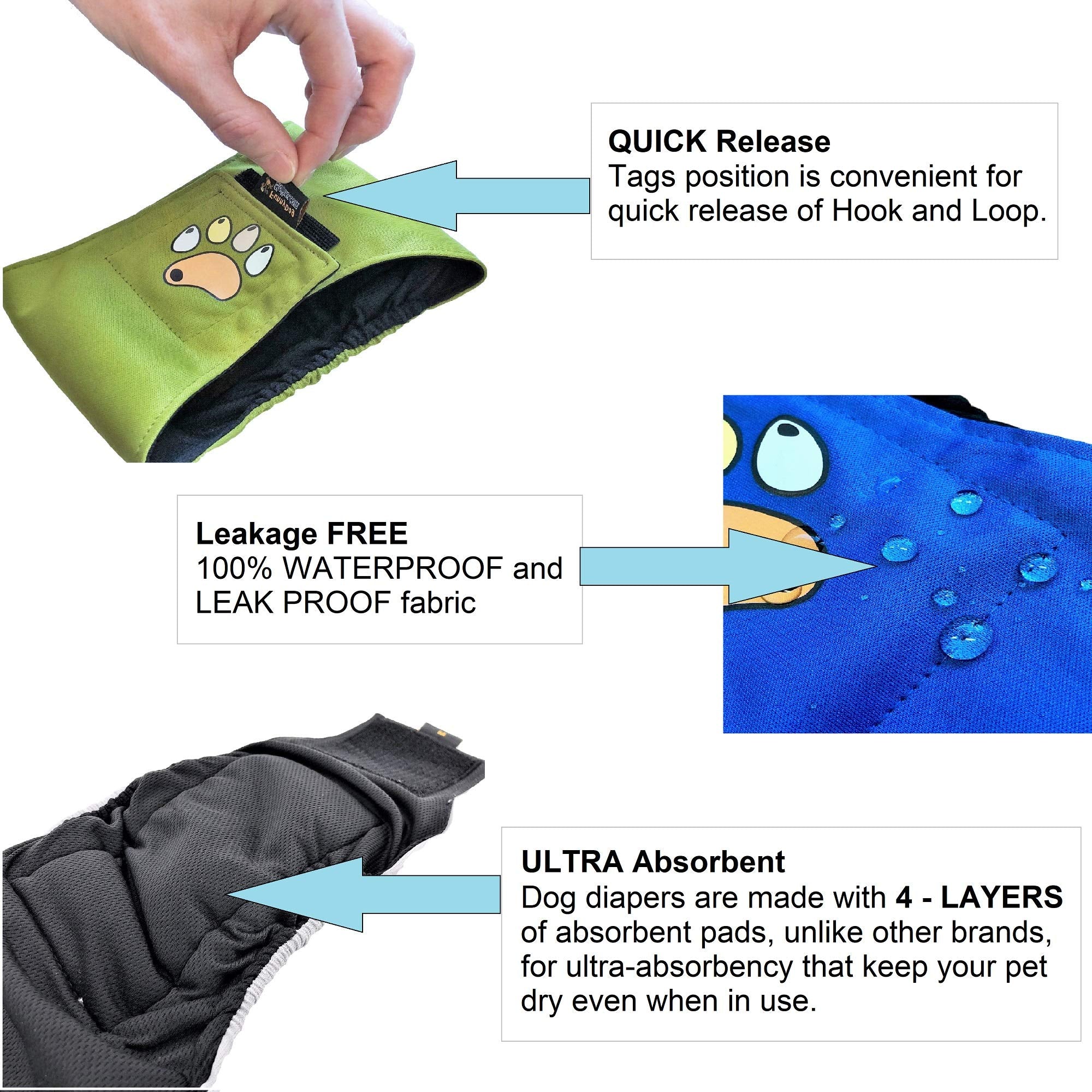 Pack of 3 or 6 Male Dog Diapers 4 - Layers of Absorbent Pads Waterproof Leak Proof Belly Band Wrap Washable (XL: Waist 20 - 26,