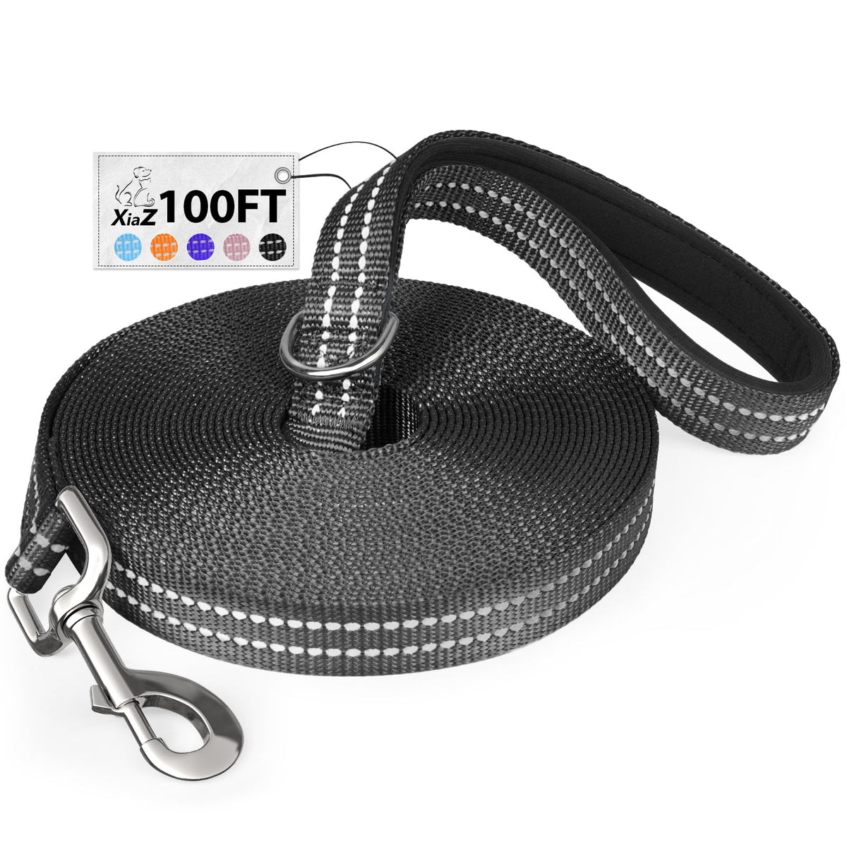 Xiaz 100 Feet Dog Training Leash, Nylon, Black, Reflective, Padded Handle, 550 Lbs Bearing, Lightweight Suitable For Small, Medi