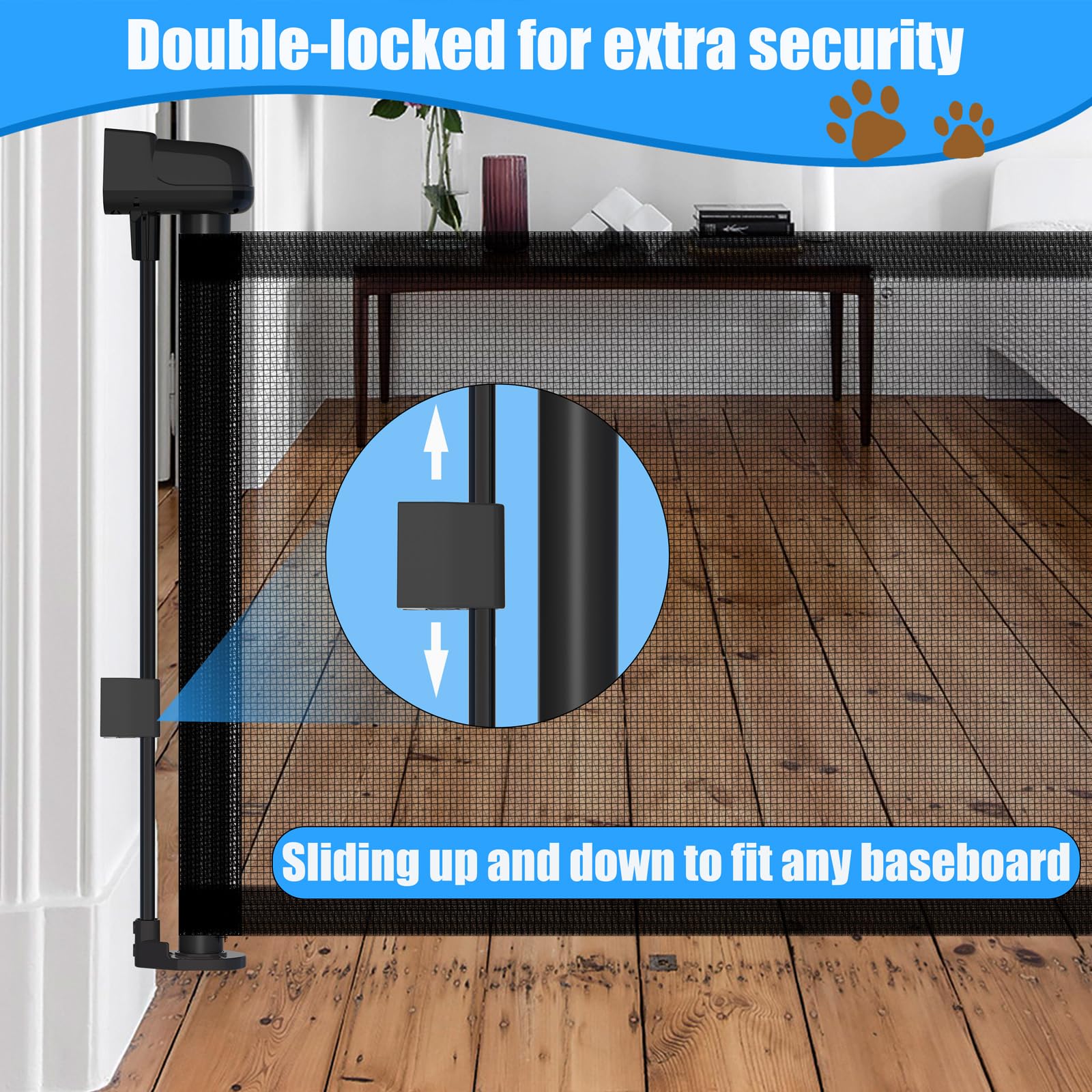 14  H Hideaway Short Dog Puppy Gate - Retractable Mesh Security Fence, Expands Up to 59 Inches - Ideal for Stairs & Doorways