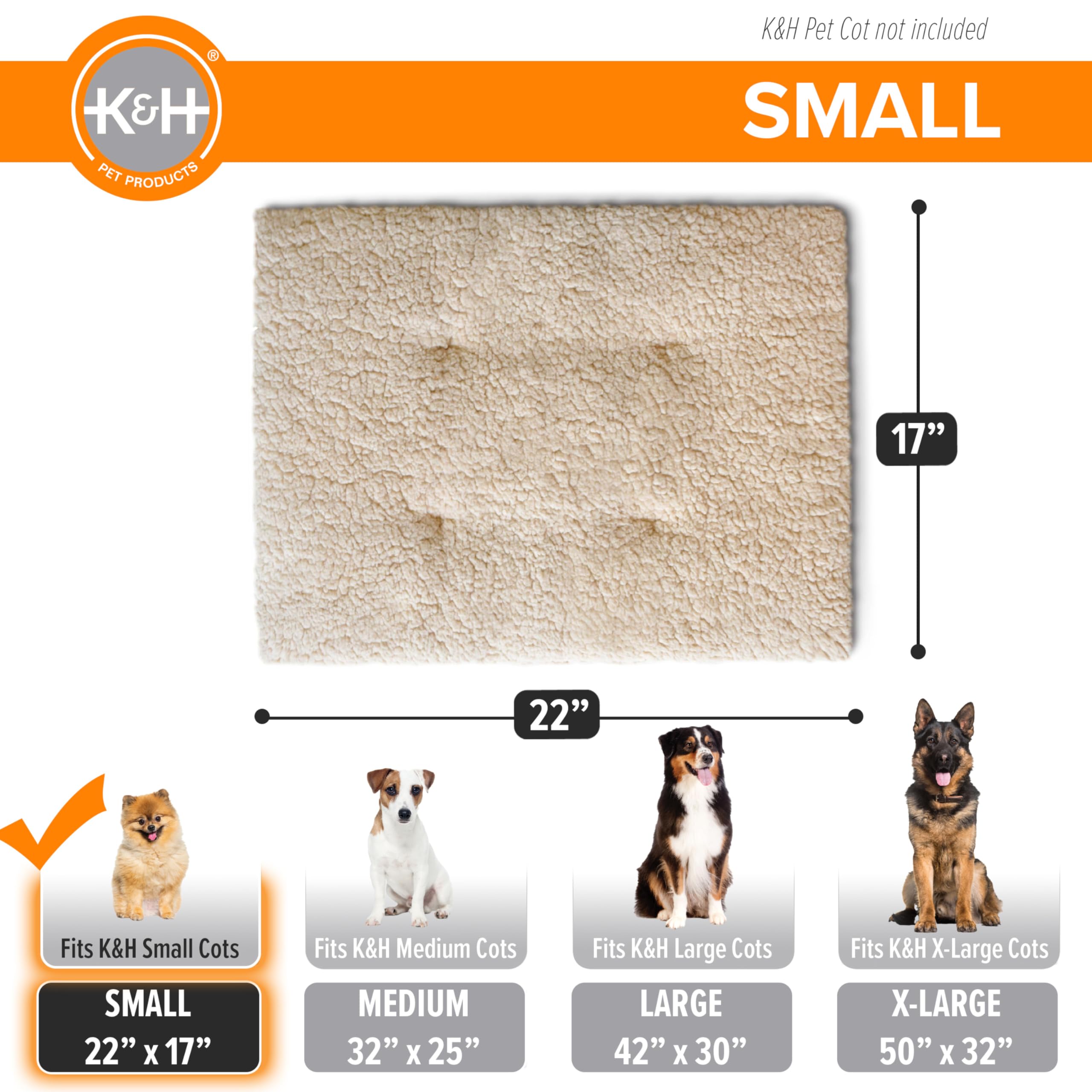 K&H Pet Products Dog Cot Pad (Cot Sold Separately), Pillow-Top Comfort Bed for K&H Small Elevated Dog Beds, Soft & Fluffy, Secur