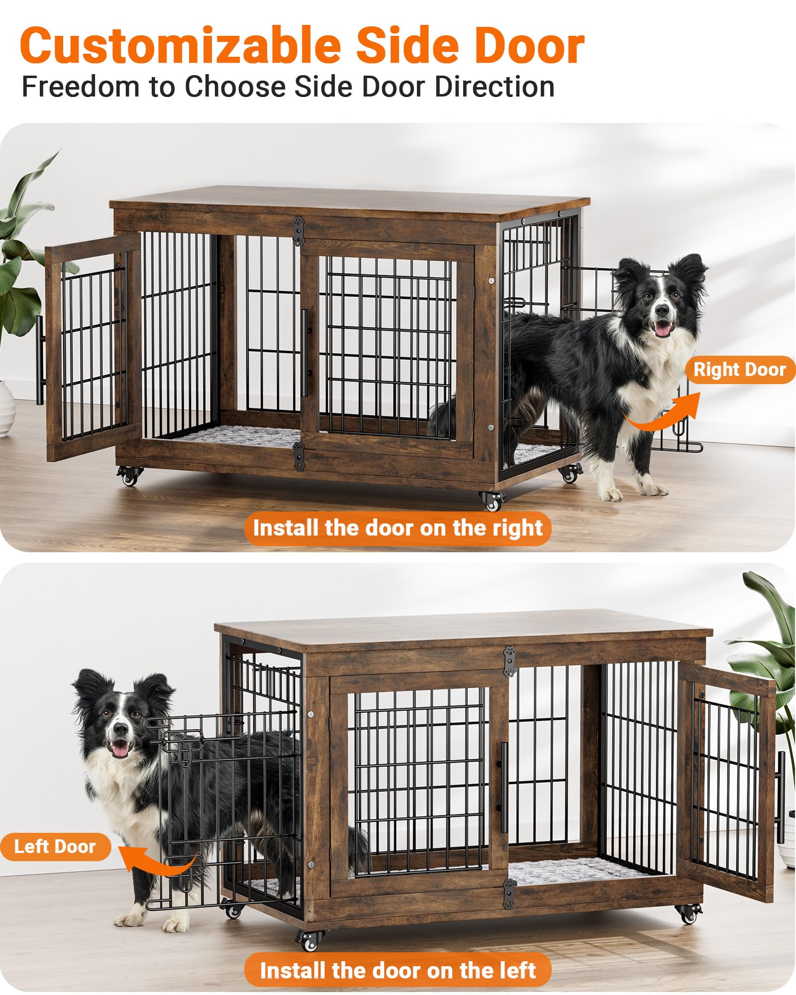 Dog Crate Furniture with Cushion Set of 2, Large Wooden Dog Kennel Indoor with Double Doors, Dog Cage with Wheels, Dog House Sid
