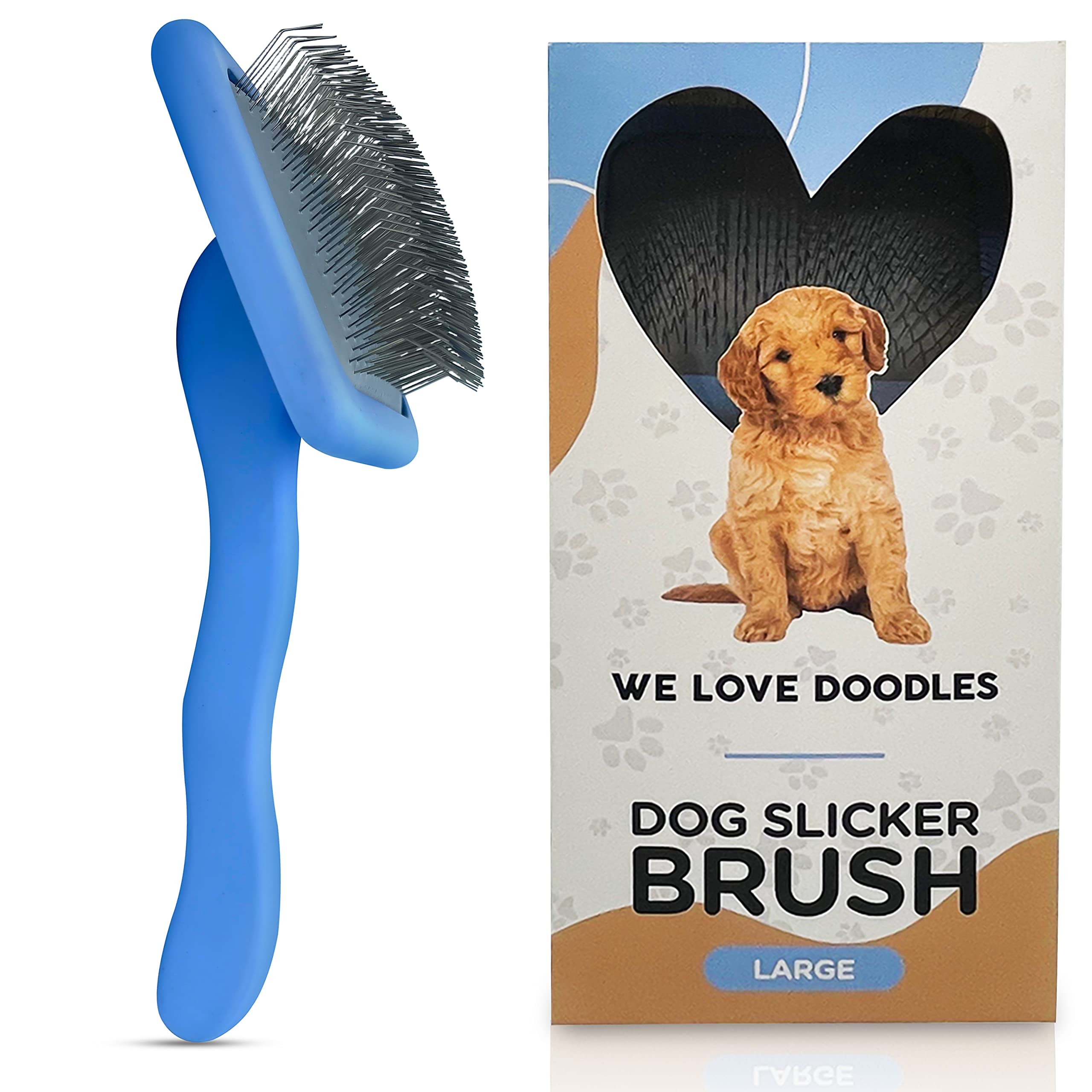 We Love Doodles Dog Slicker Brush For Grooming Pet Hair - Best Brushes For Poodle & Golden Doodle - Long Haired Brush For Dogs - Goldendoodle Long Pin Brush For Dematting (Large)