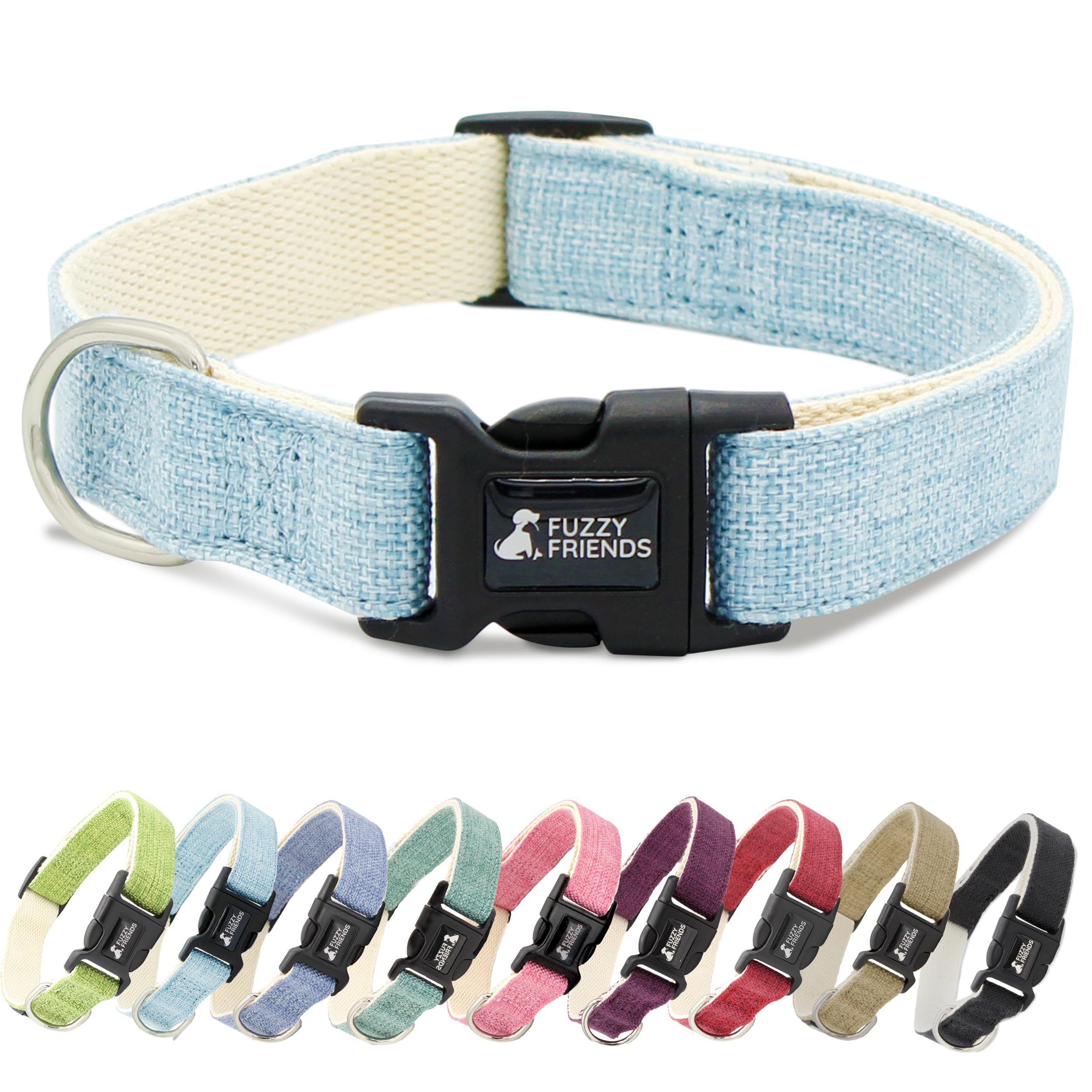 Fuzzy Friends Light Blue Hemp Dog Collar - Hypoallergenic Dog Collar - Comfortable for Sensitive Skin or Allergies with no Harsh