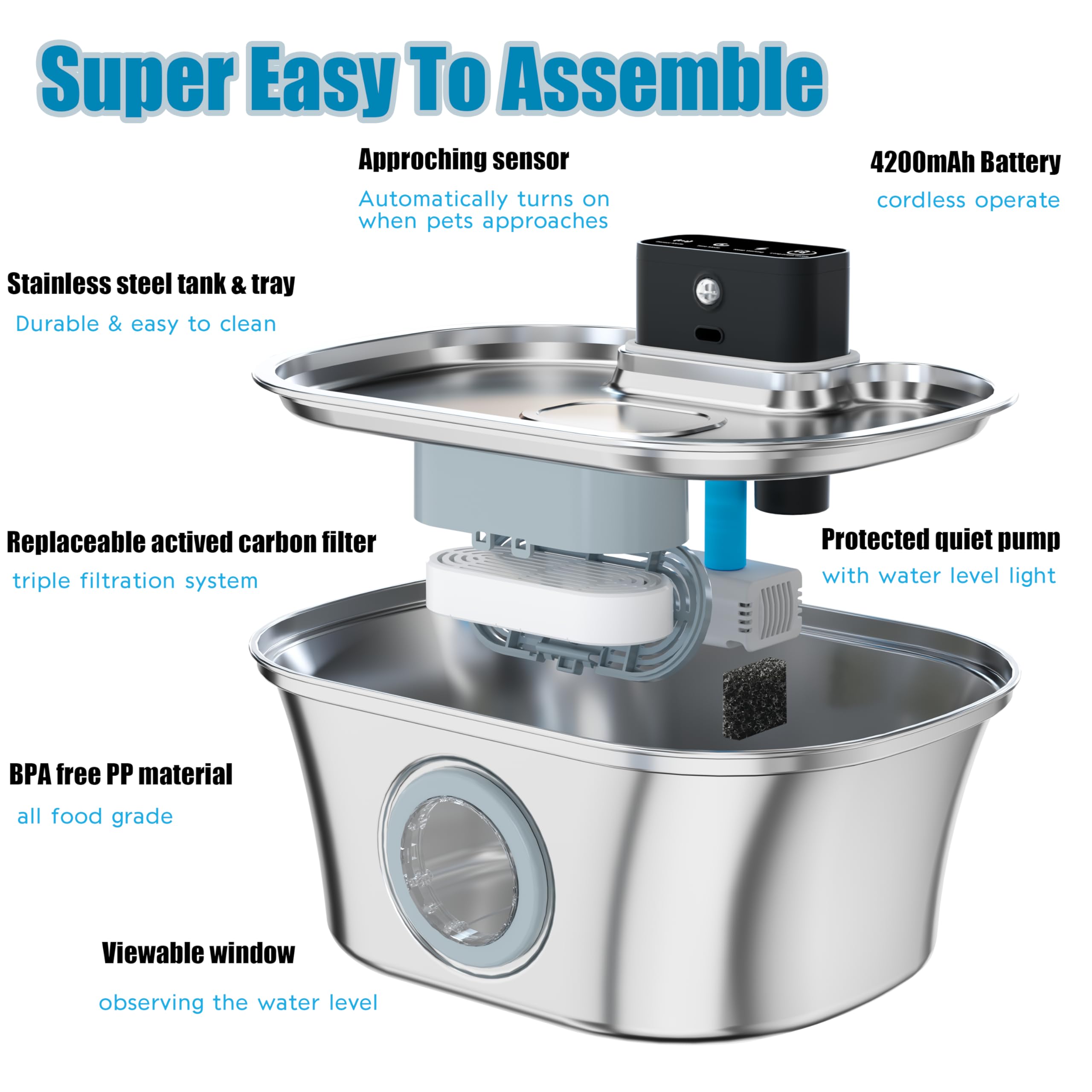 Pipartie Wireless Cat Water Fountain Stainless Steel, 3.2L Pet Fountain Battery Operated,Cordless Cat Fountain For Cats&Dog With