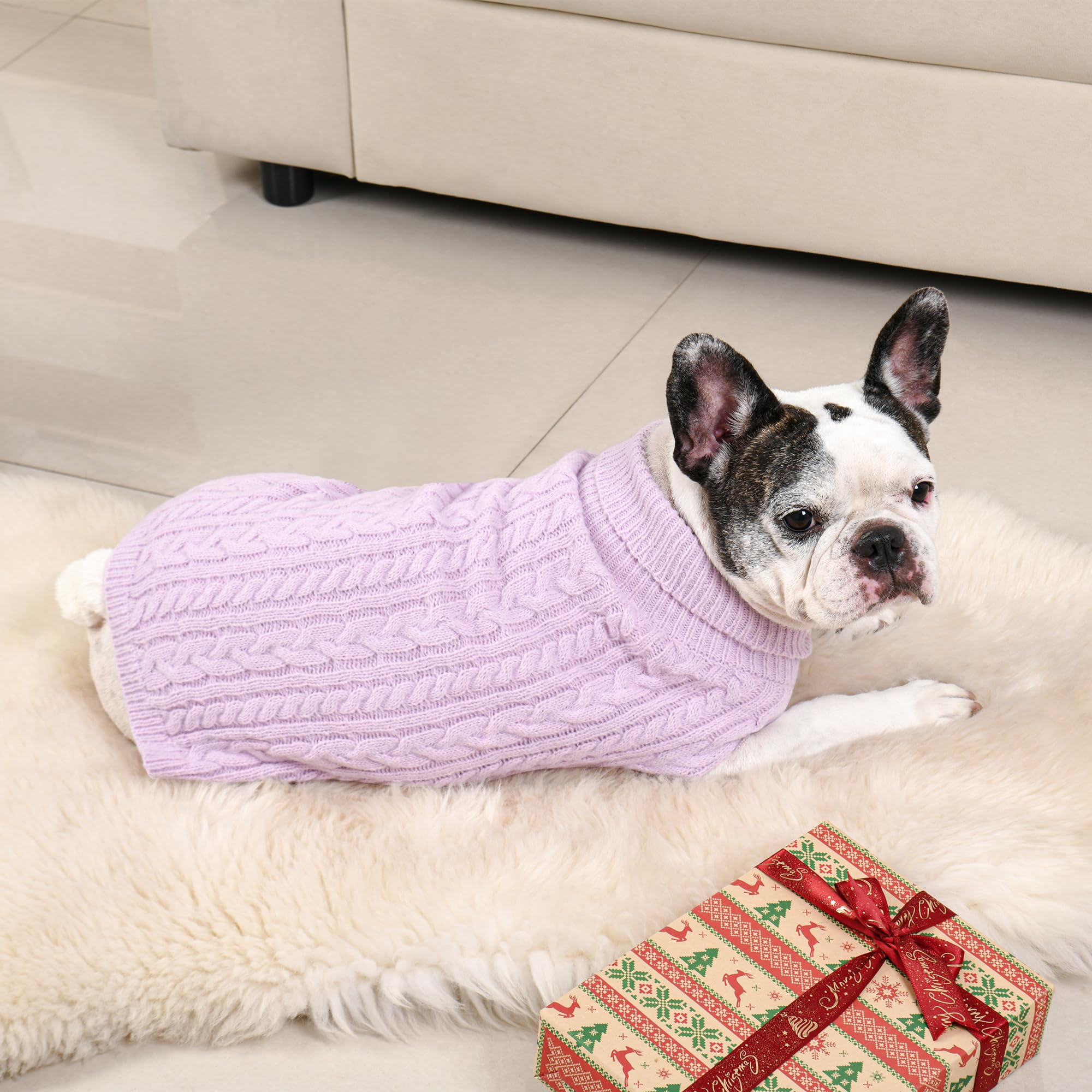 Lorehelina 2 Pack Dog Sweaters for Medium Dogs Winter Turtleneck Pullover Cable Knit Fleece Stretch Frenchie Dachshund Pug Corgi