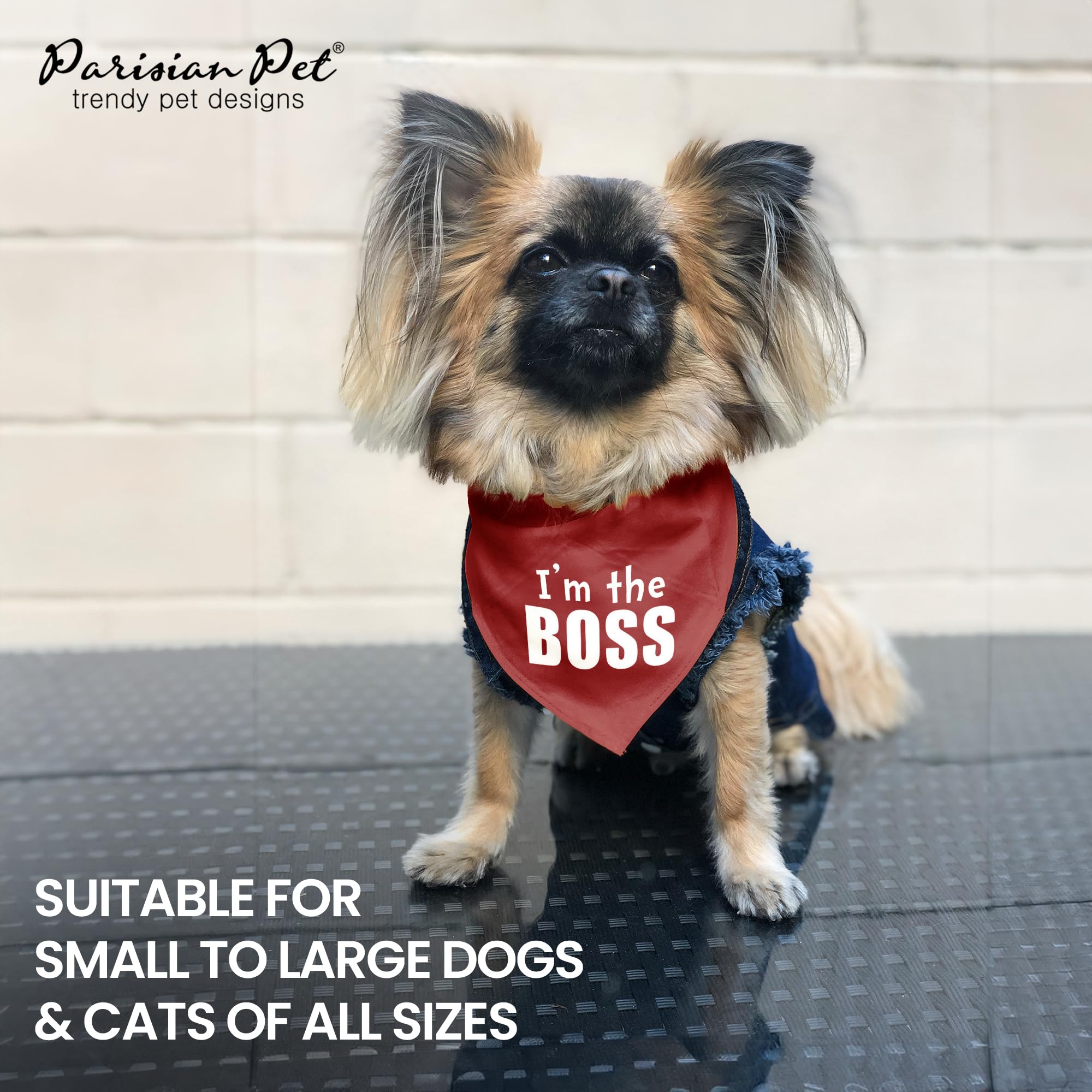 Parisian Pet Unisex Dog Bandanas With Printed ' I'M The Boss' Word - Classy Tie-On Adjustable Boss Dog Bandana - Dog Scarf For Large Dogs - Washable Triangle Dog Bib - Red Handkerchief For Pets - L