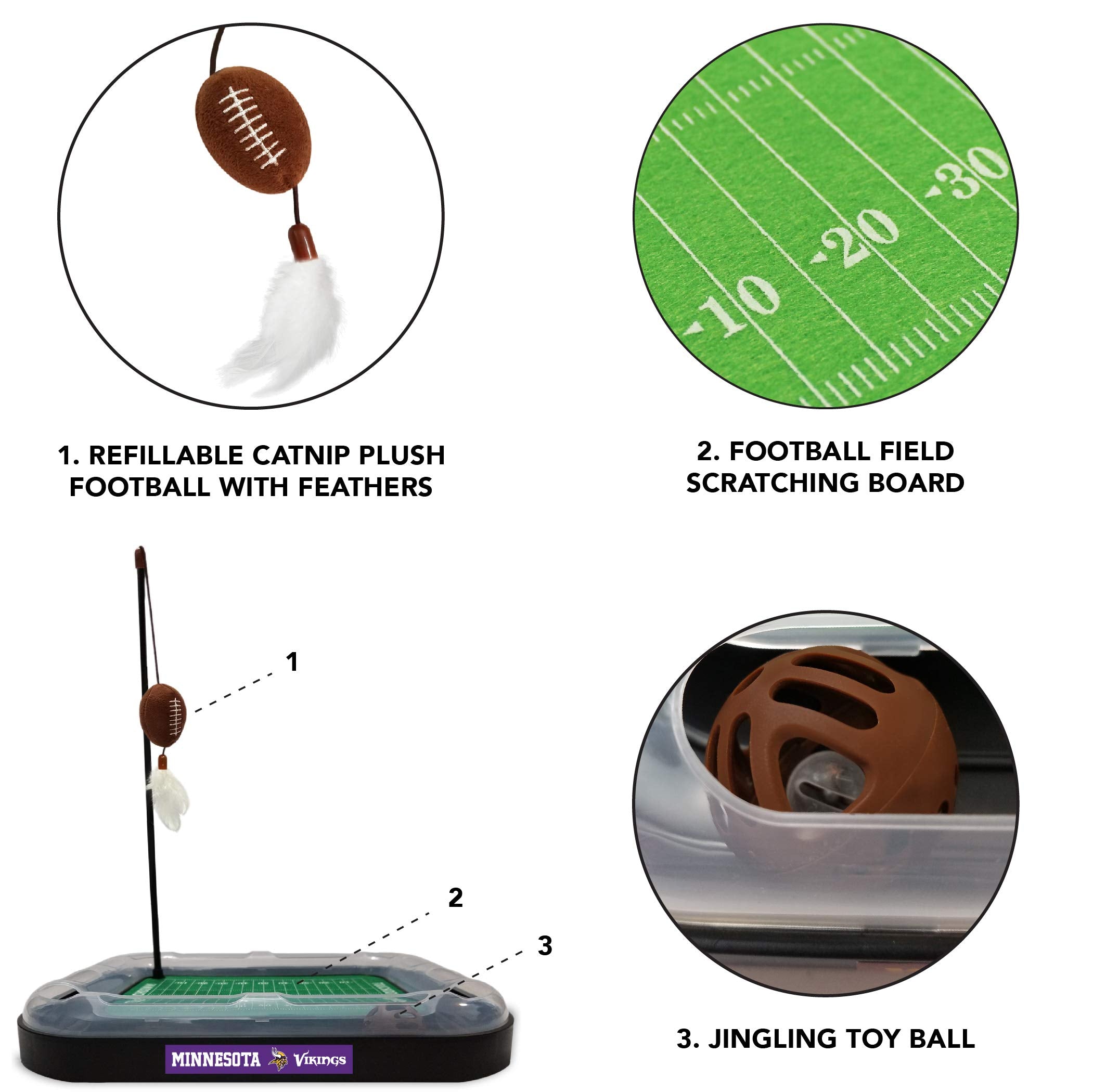 Pets First Cat Ball Bell Minnesota Vikings Football Field CAT Scratcher Toy with Catnip Filled Plush Football Toy & Feather Cat
