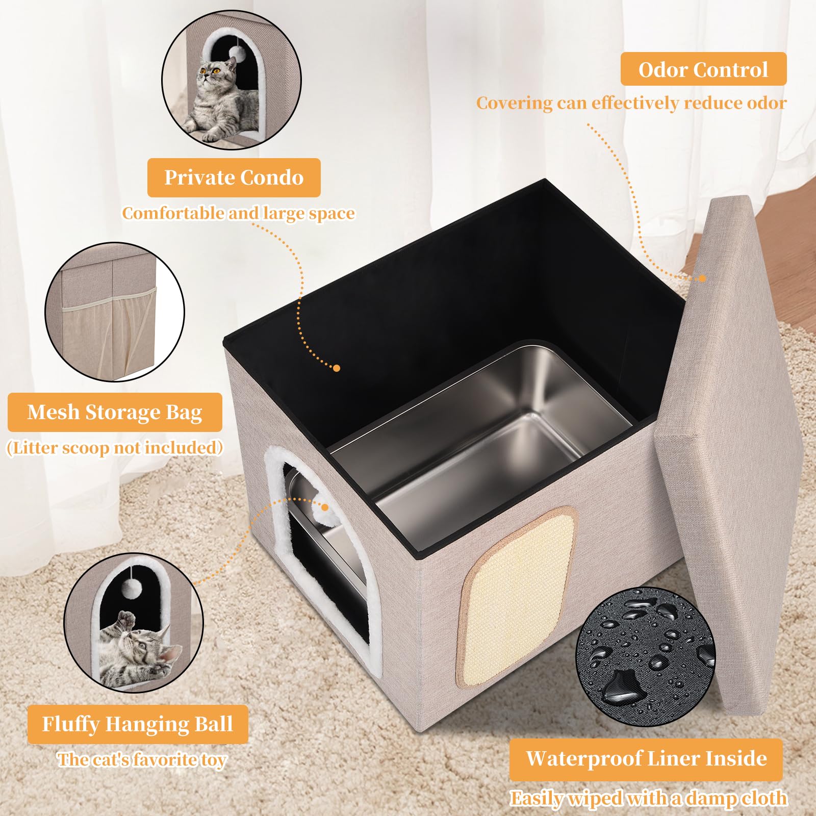 Cat Litter Box Enclosure, Foldable Hidden Litter Box With Mesh Storage Bag, Litter Box Furniture Hidden With Waterproof Inside,