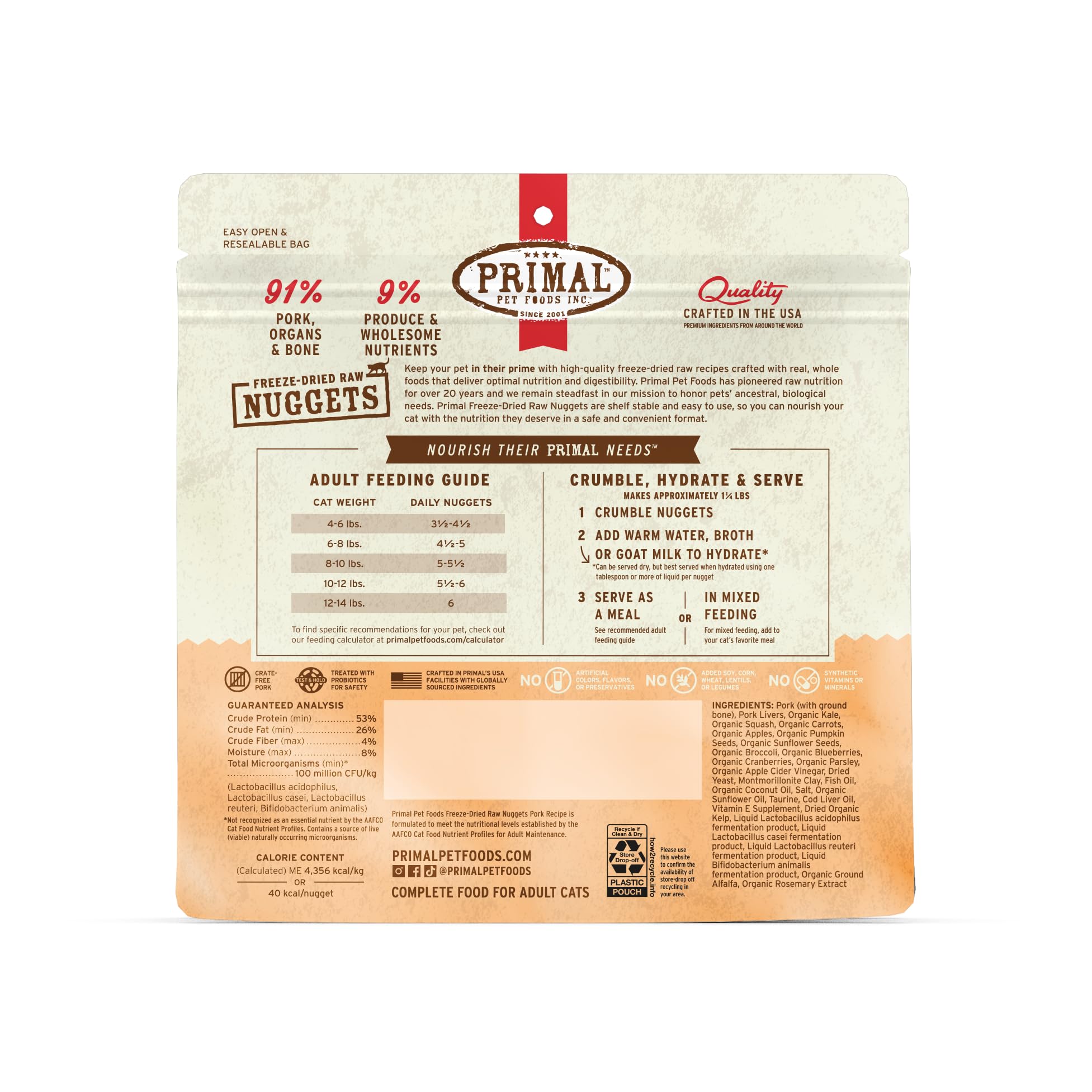 Primal Freeze Dried Raw Cat Food Nuggets Pork, Complete & Balanced Meal or Topper, Premium, Healthy, Grain Free, High Protein Ra
