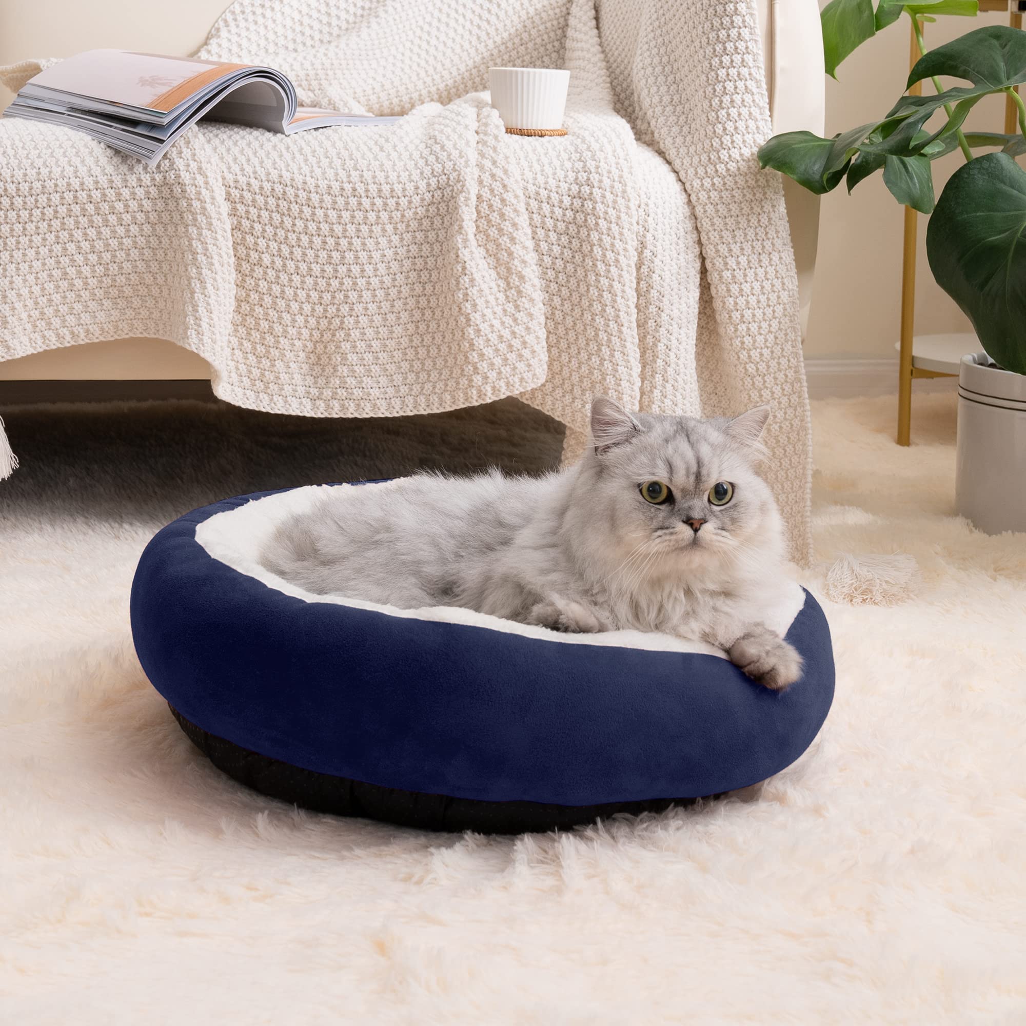 Love's cabin Round Donut Pet Bed - 20in Navy Blue, Microfiber, Anti-Slip & Water-Resistant, Soft & Washable for Cats & Small Dogs