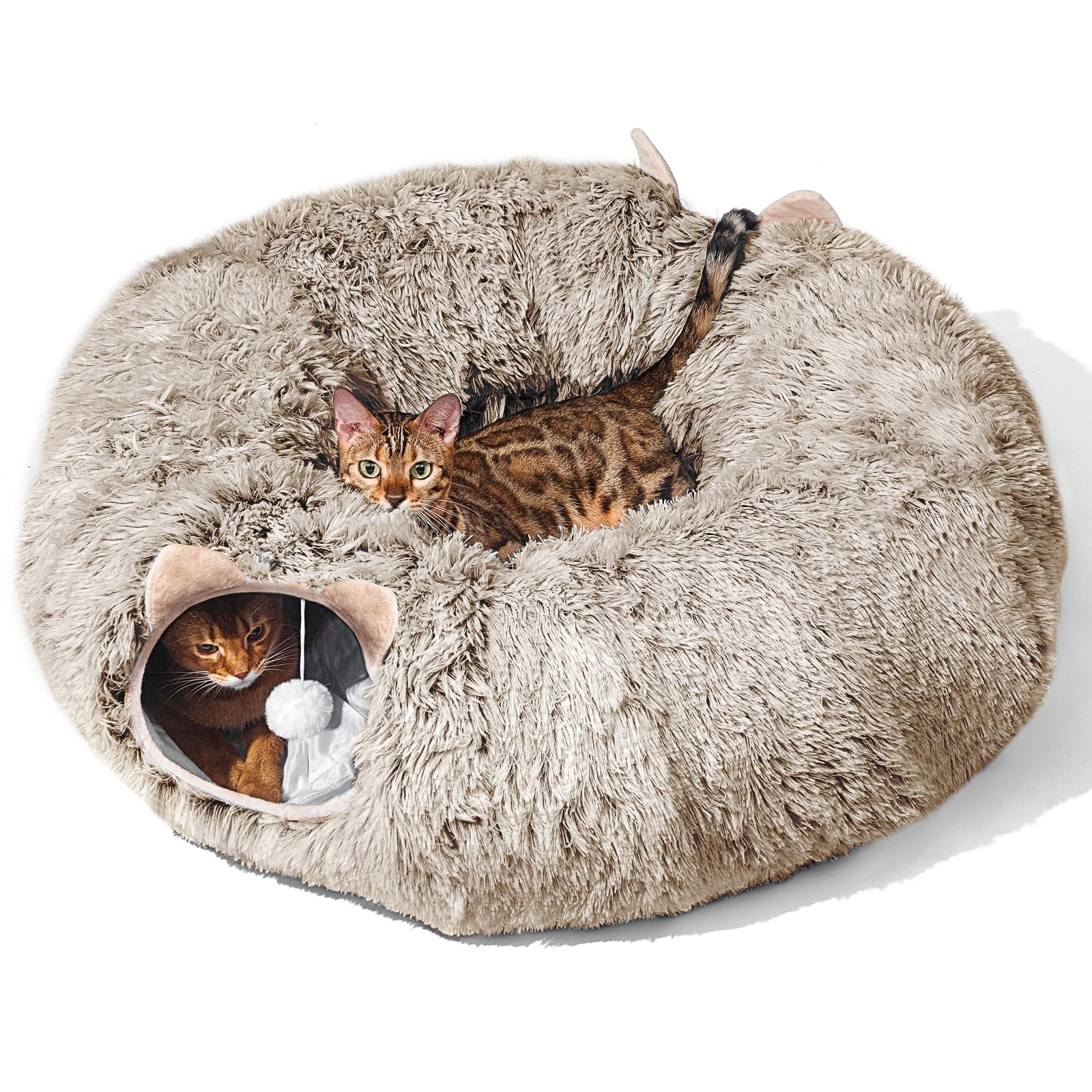 Cat Tunnel With Cat Bed For Indoor Cats, Soft Plush Peekaboo Cat Cave Donut Tunnel, Multifunctional Playground Toys Hideplace For Small Medium Large Kittens, Rabbit, Ferret, Brown