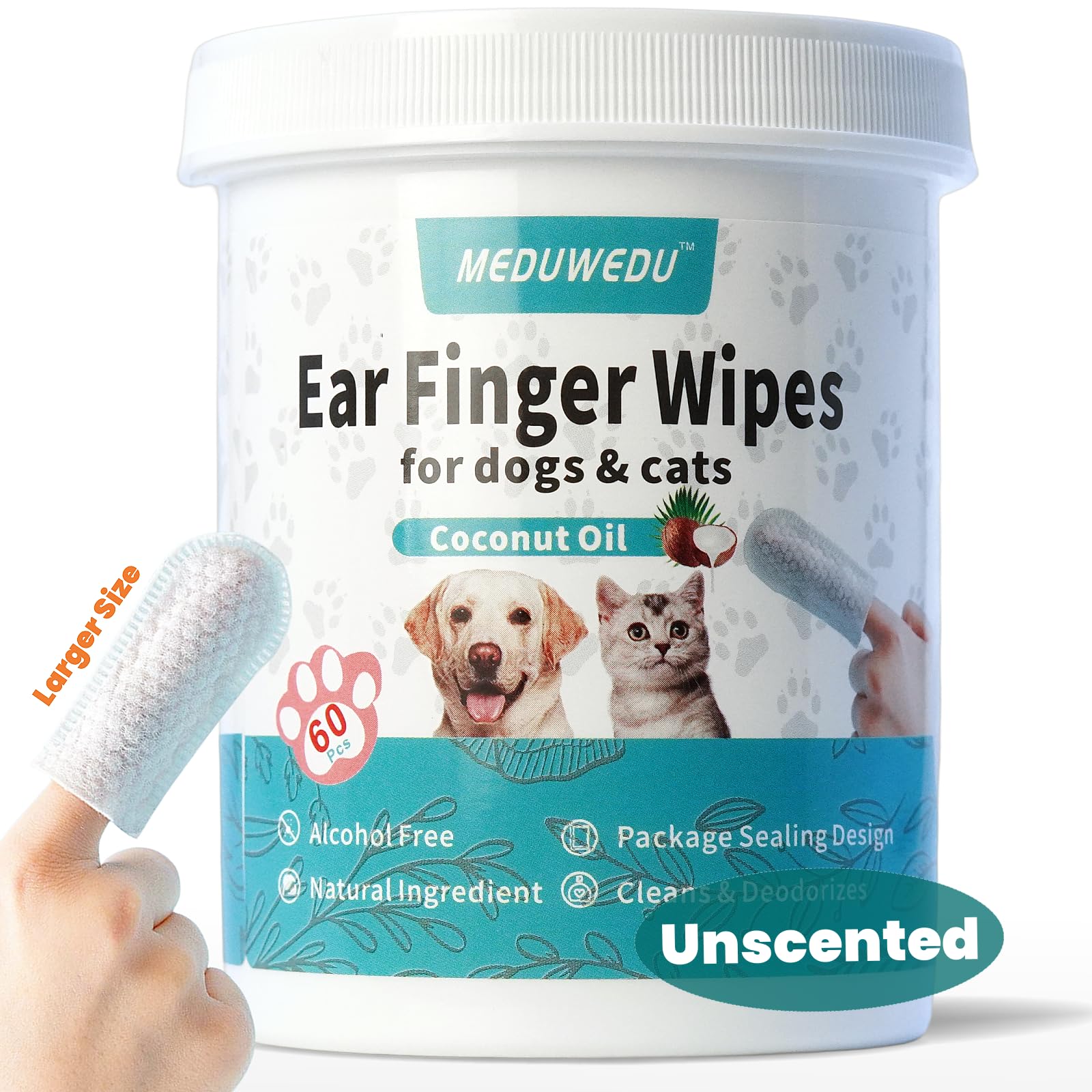MEDUWEDU Wider Ear Cleaner Finger Wipes 60 Counts, Dog Ear Cleaner, Grooming Kit Care for Dogs and Cats,Otic Cleaning Pads, Remo