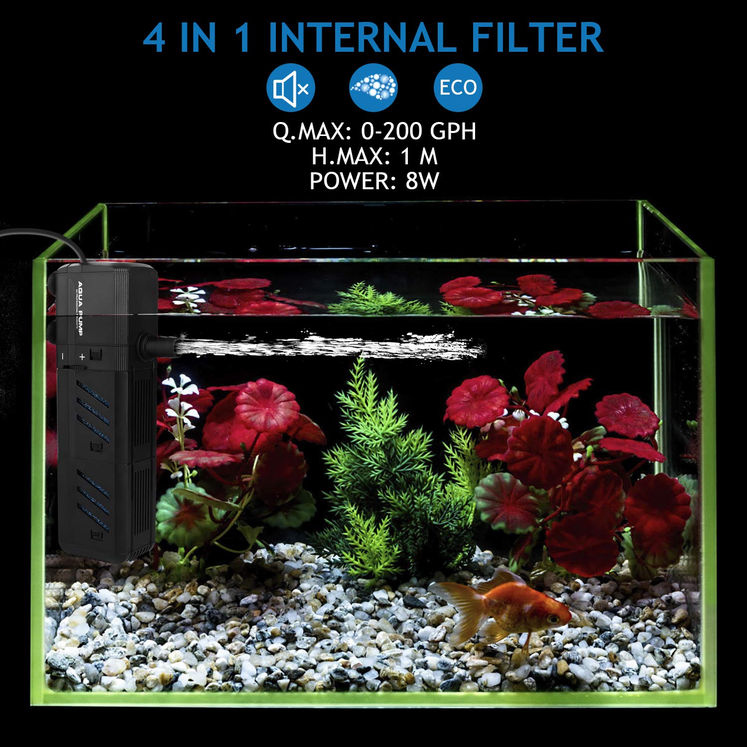 No.17 Submersible Aquarium Internal Filter 8W, Adjustable Fish Tank Filter With 200 Gph Water Pump For 10-50 Gallon Fish Tank