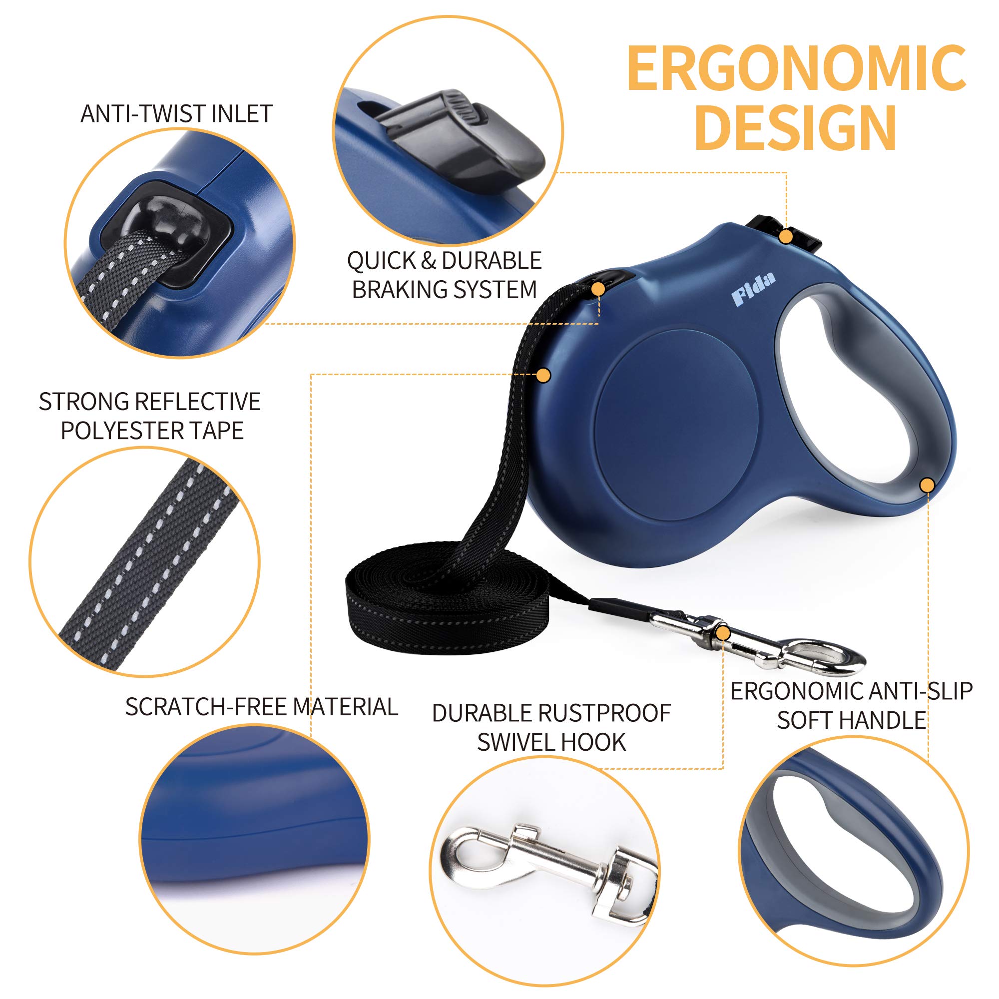 Fida Retractable Dog Leash With Dispenser And Poop Bags, 16 Ft Pet Walking Leash For Medium Dog Or Cat Up To 44 Lbs, Anti-Slip Handle, Tangle Free, Reflective Nylon Tape (M, Navy Blue)