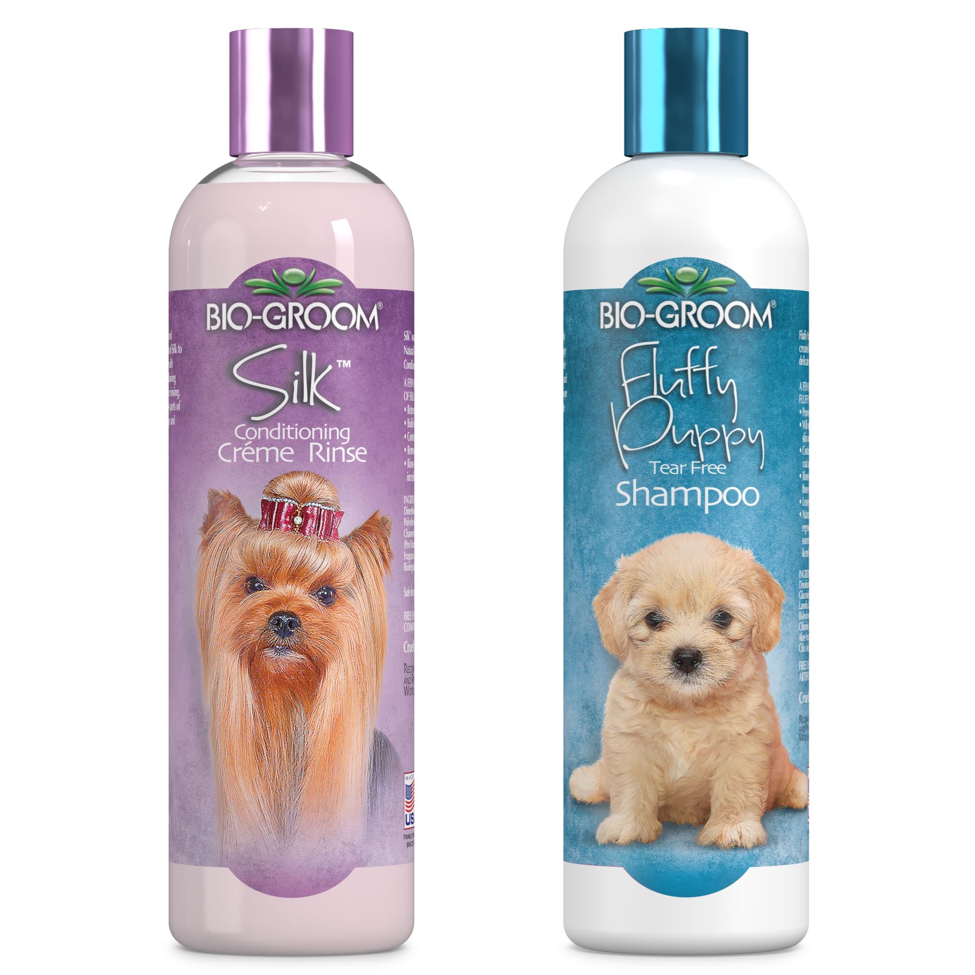 Bio-Groom Dog Shampoo And Conditioner Set - Tearless Shampoo For Dogs, Puppies & Cats, Moisturizing Conditioner For Dry Skin - Silk Conditioning Creme Rinse & Tear Free Shampoo, 12 Fl Oz Each (1 Set)