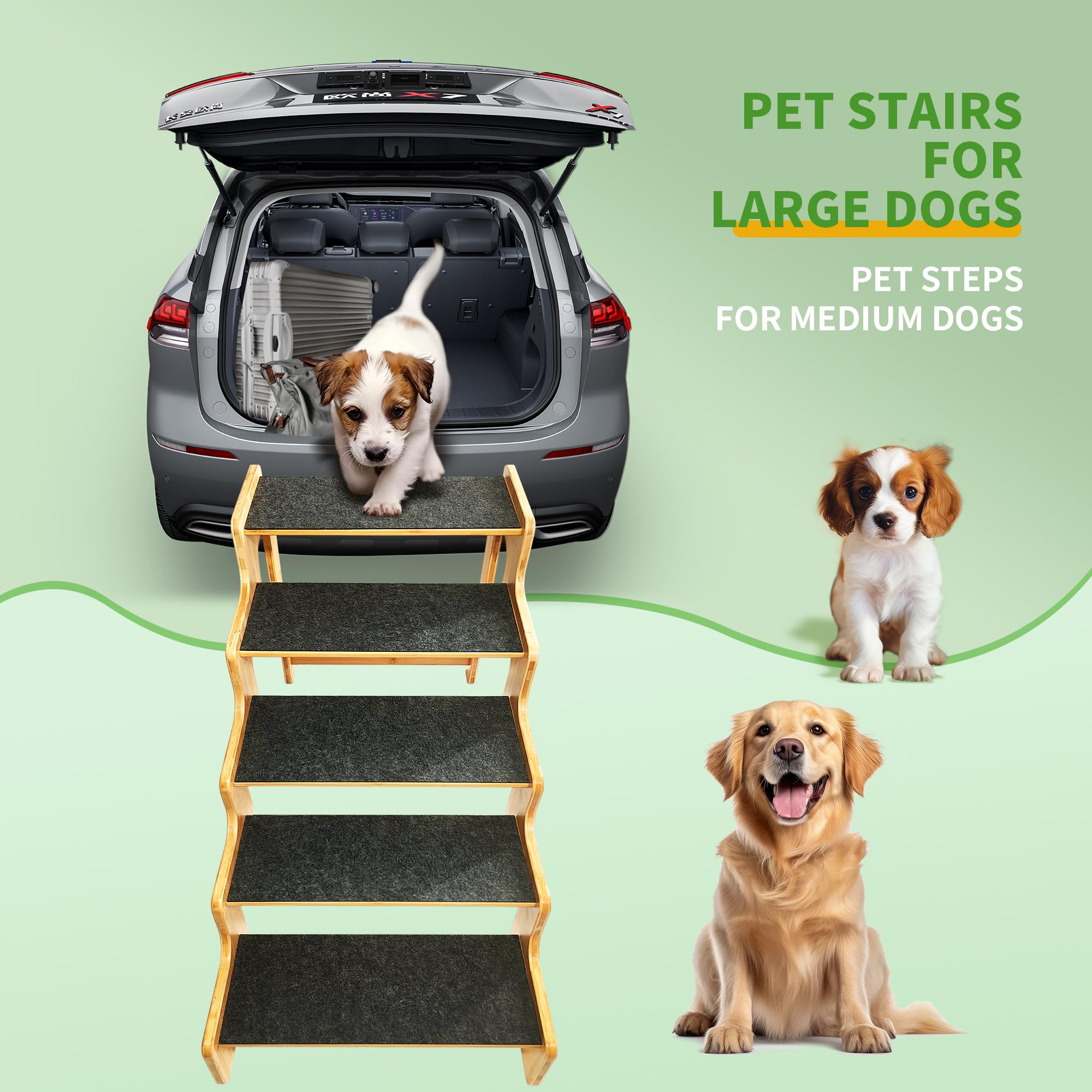 GXONE Dog Steps - 5-Step Bamboo Stairs for Senior Pets, 24" Height, Supports Up to 160 LB, Brown, Model DS-5