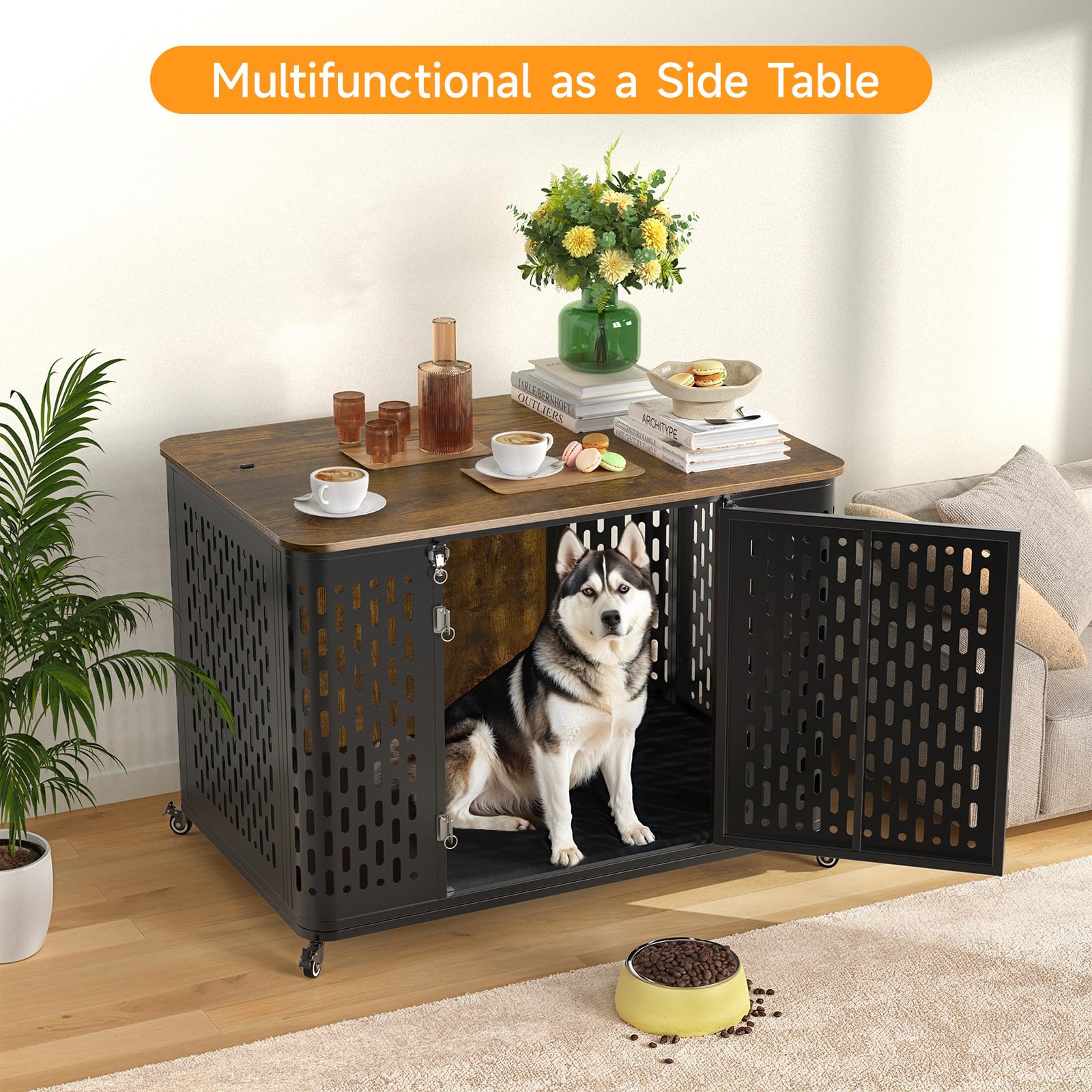 ONBRILL Heavy Duty Dog Crate for Large Dogs, 43.7" Escape Proof Kennel, Rustic Brown, Engineered Wood, Model OB-LTL-PET-003-A
