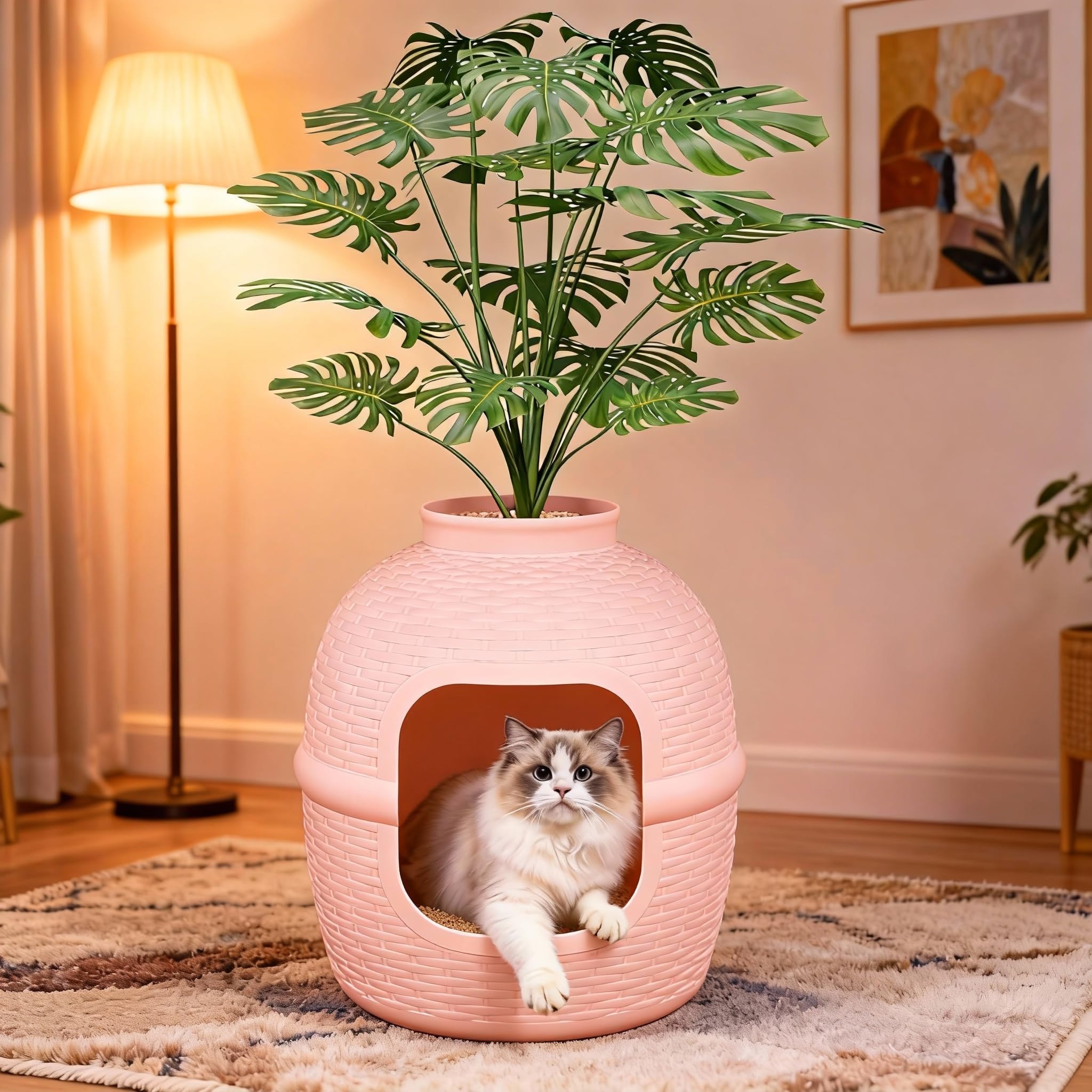Cat Litter Box, Hidden Litter Box with Faux Plant, Heavy Duty Litterbox Enclosure Furniture with Rattan Pattern, PP Cat Box Encl