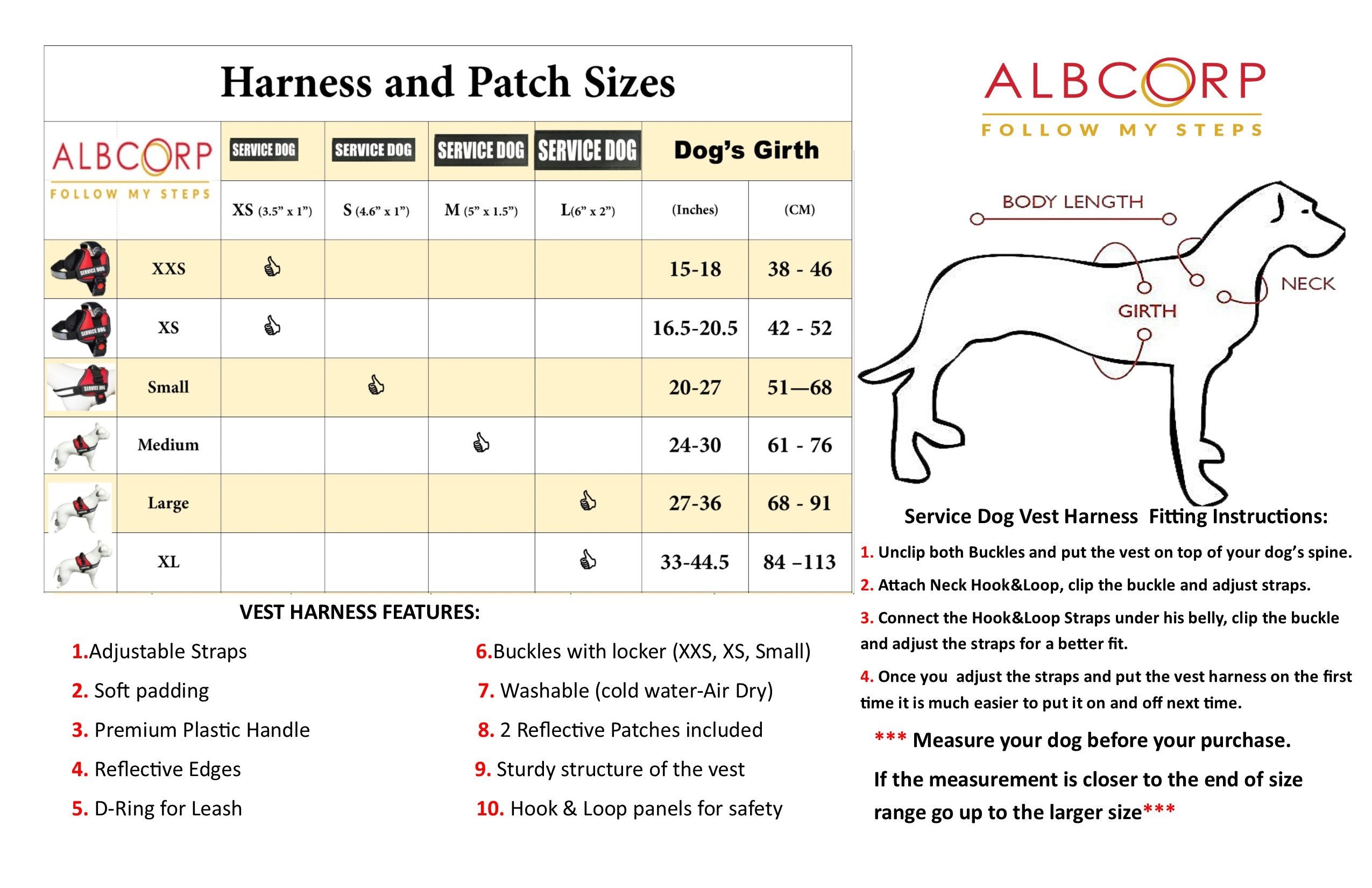 Albcorp Service Dog Vest Harness - Reflective - Woven Polyester And Nylon, Comfy Mesh Padding - Sizes From Xxs To Xl - Service Dog Patches Included. Black, Large