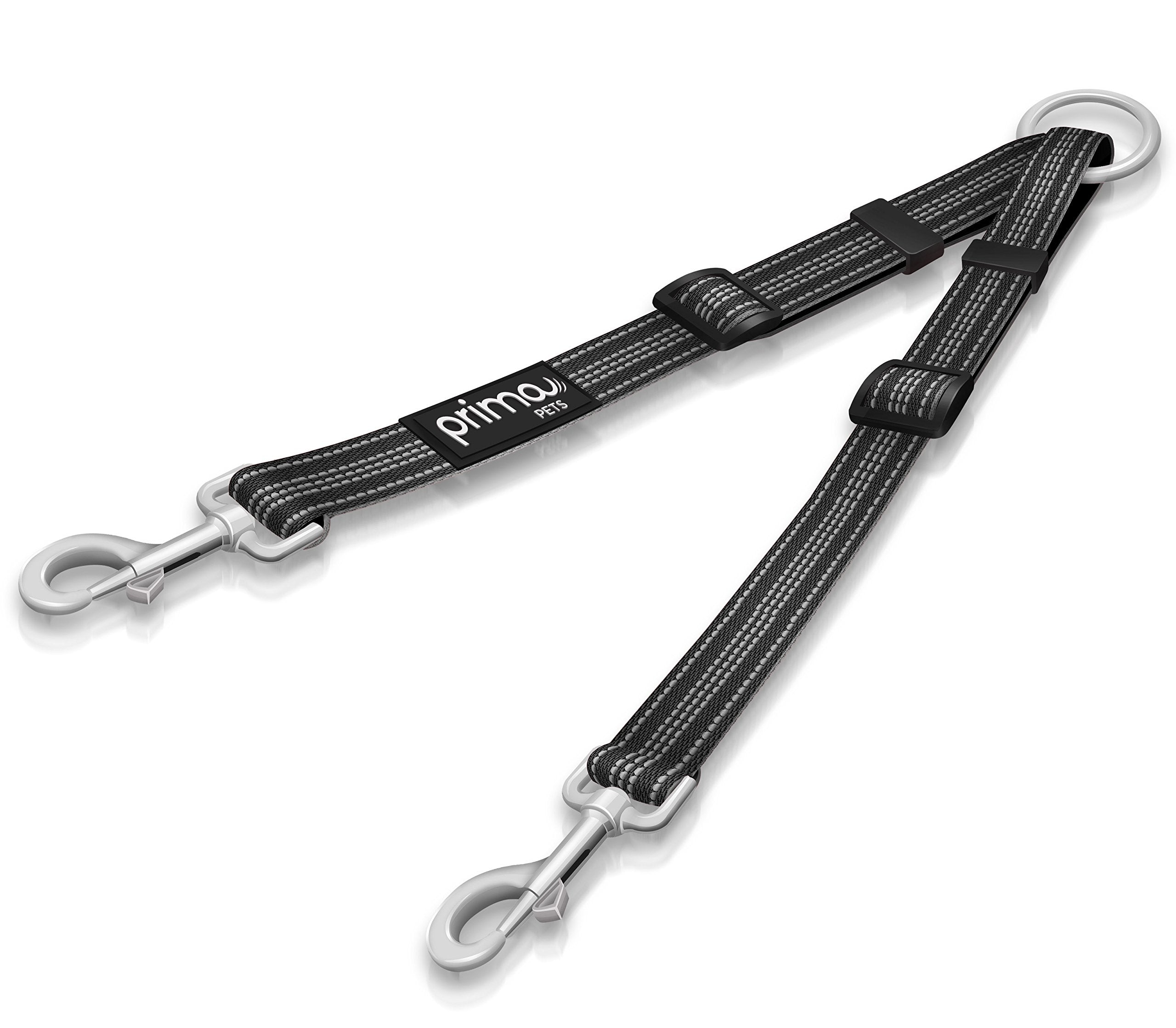 Prima Pets Reflective Adjustable Double Dog Coupler - Each Side Adjusts 11 to 20 in Length - Walk 2 Dogs with Ease (Medium - 3/4