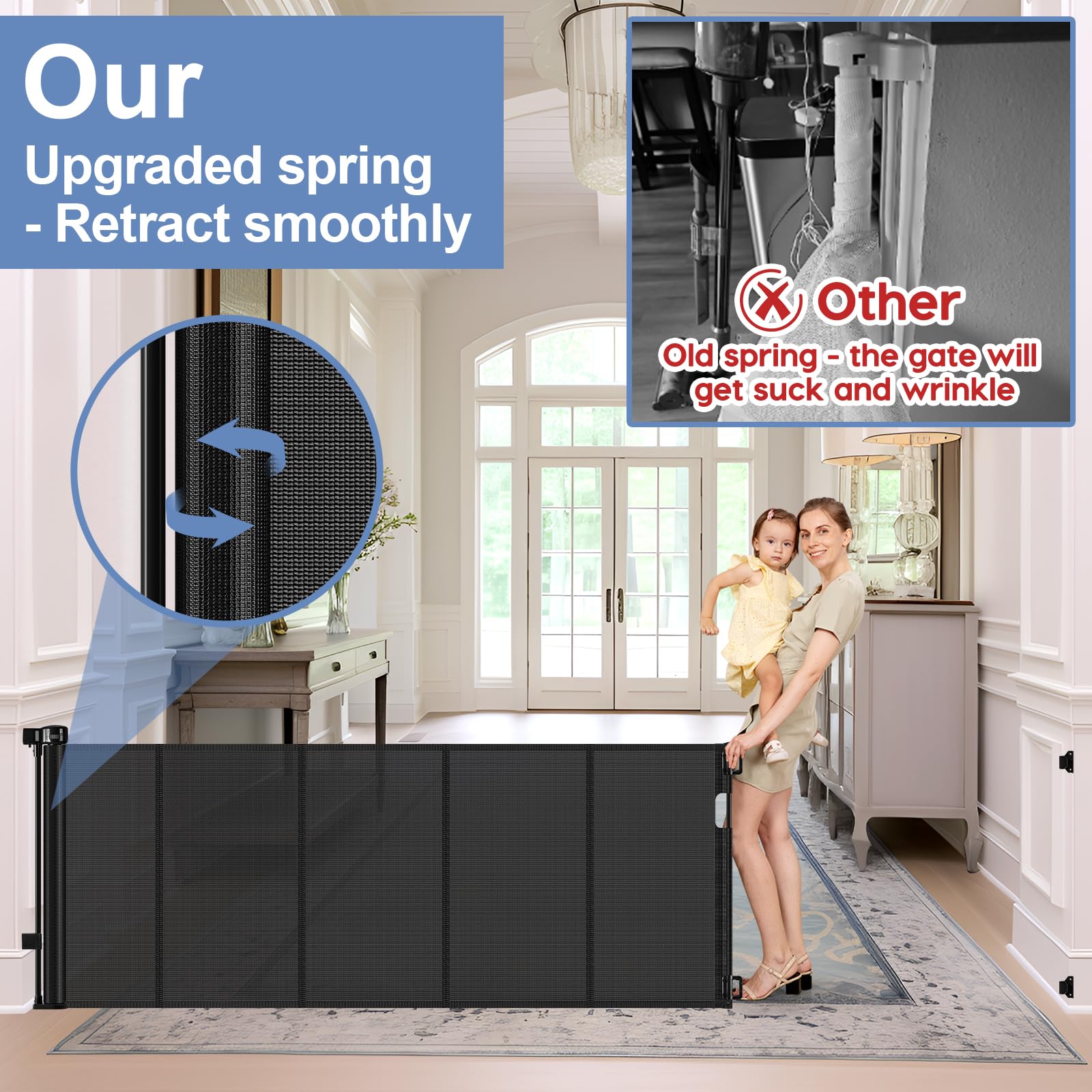 Reinforced 150 Inch Retractable Dog Gate for Doorways Stops Babies and Dogs from Crawling Under Retractable Baby Gates Extra Lon