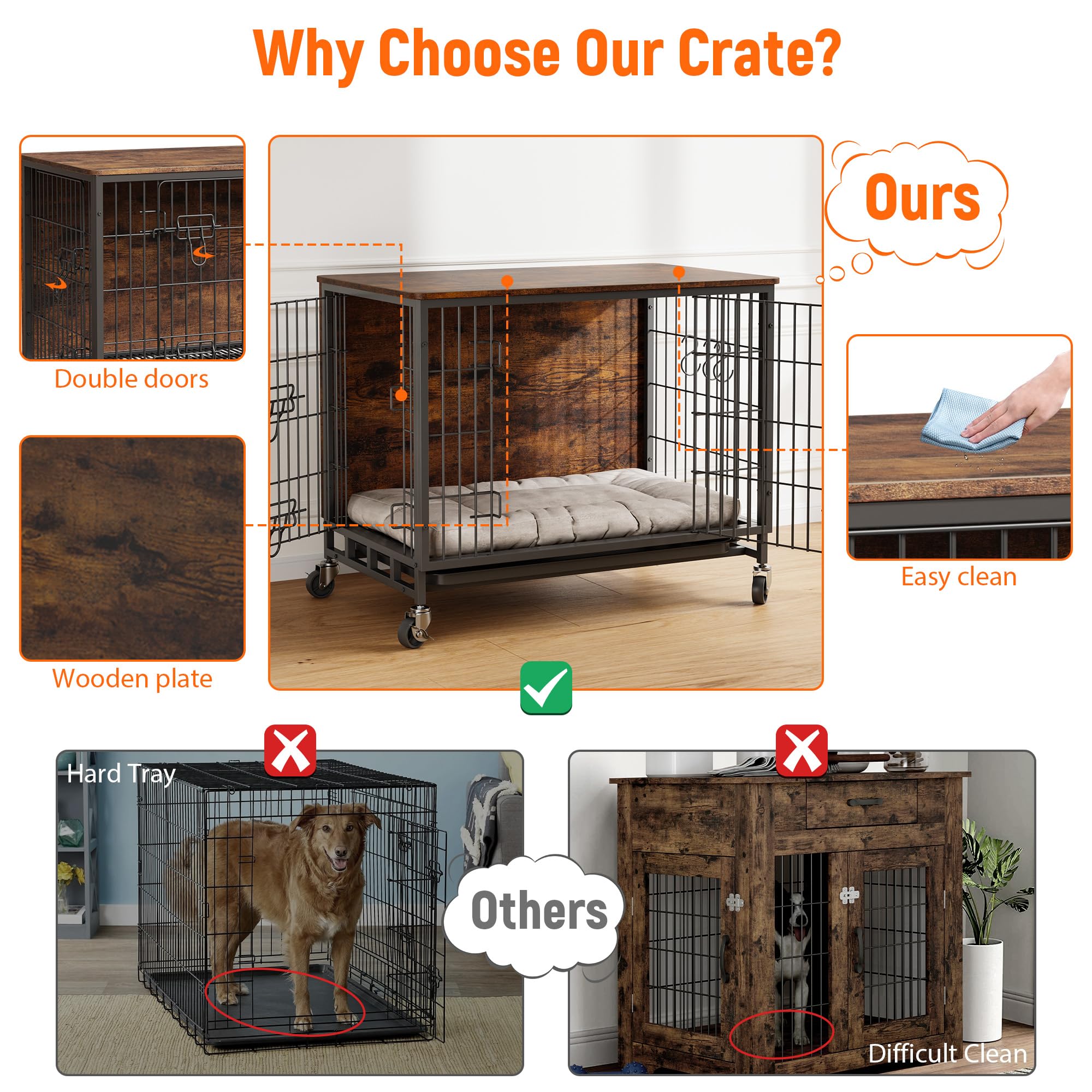 Large Dog Crate Furniture, Wooden Dog Kennel Indoor, Heavy Duty Metal Dog Cage End Table, Double-Layer Furniture-Style Dog Bed,