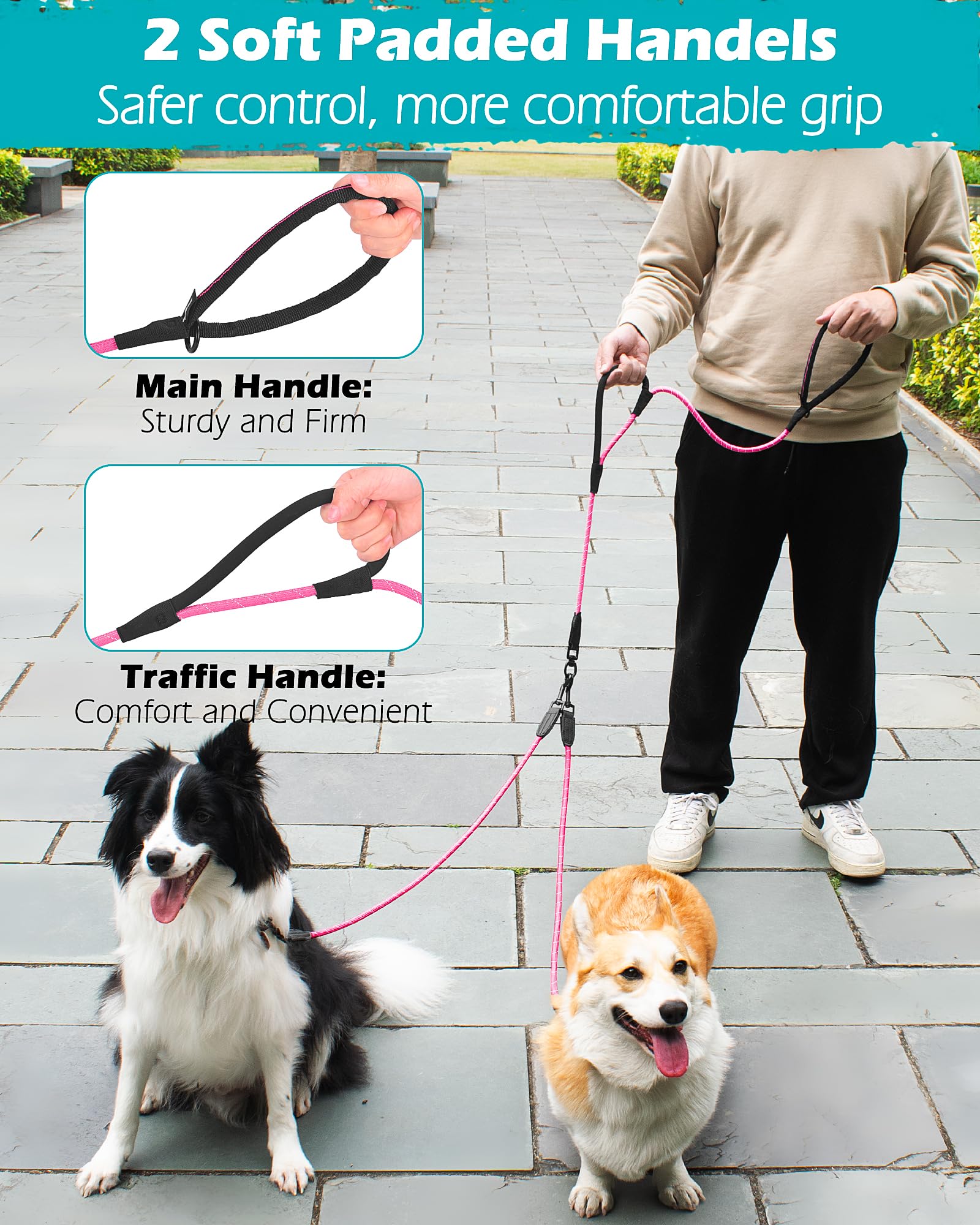 Petbonus Rope Double Dog Leash, No Tangle Dual Dog Leash, Reflective Walking Training Lead With Two Comfortable Padded Handles,