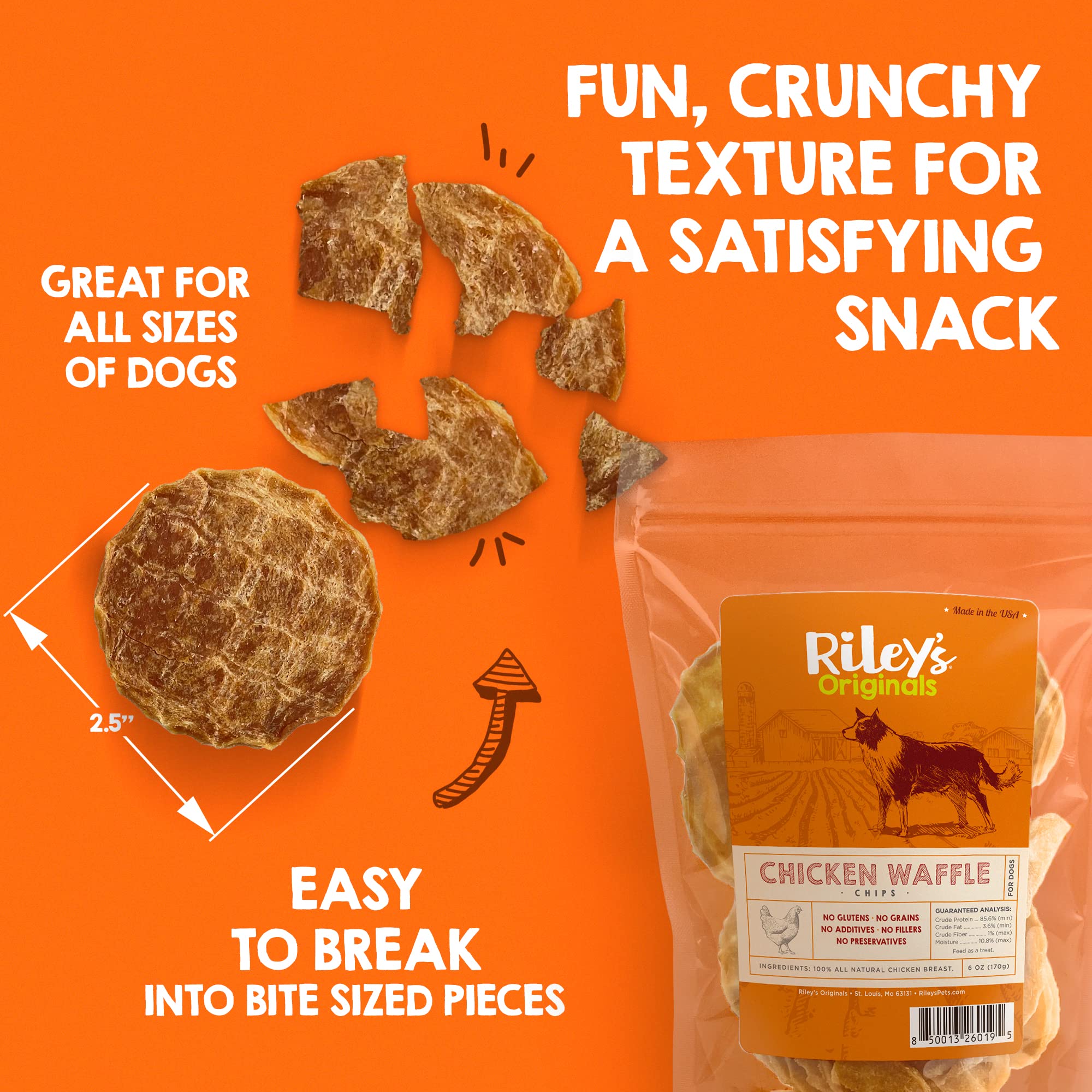 Rileys Waffles Chicken Chips for Dogs - USA Sourced 100% Chicken Breast - Dehydrated and Lean Jerky Treats - Single Ingredient