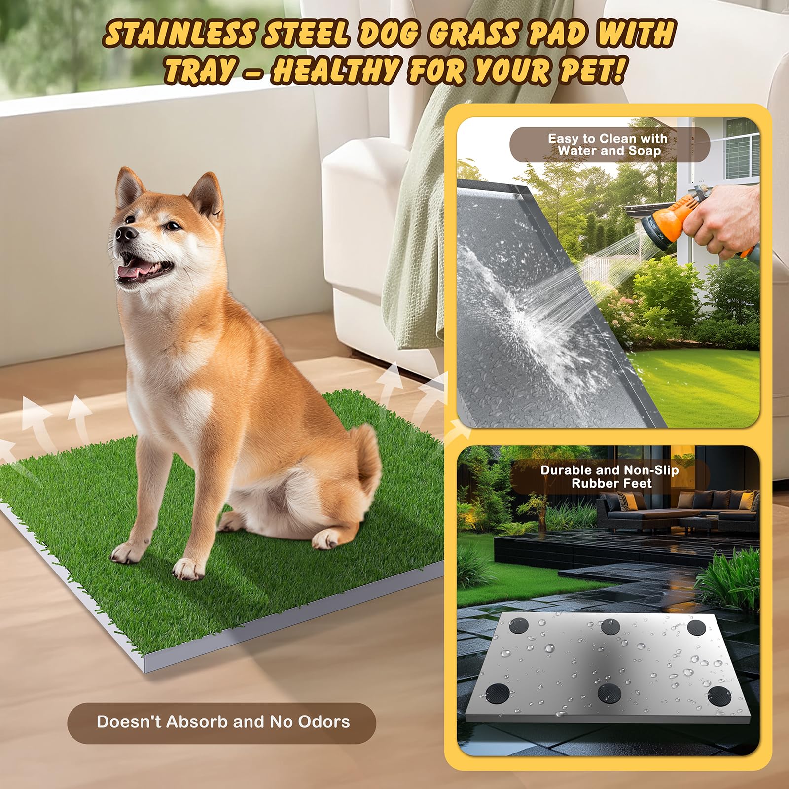 Stainless Steel Dog Grass Pad With Tray, Odor-Resistand & Easy To Clean Indoor/Outdoor Puppy Potty System,Durable Alternative To