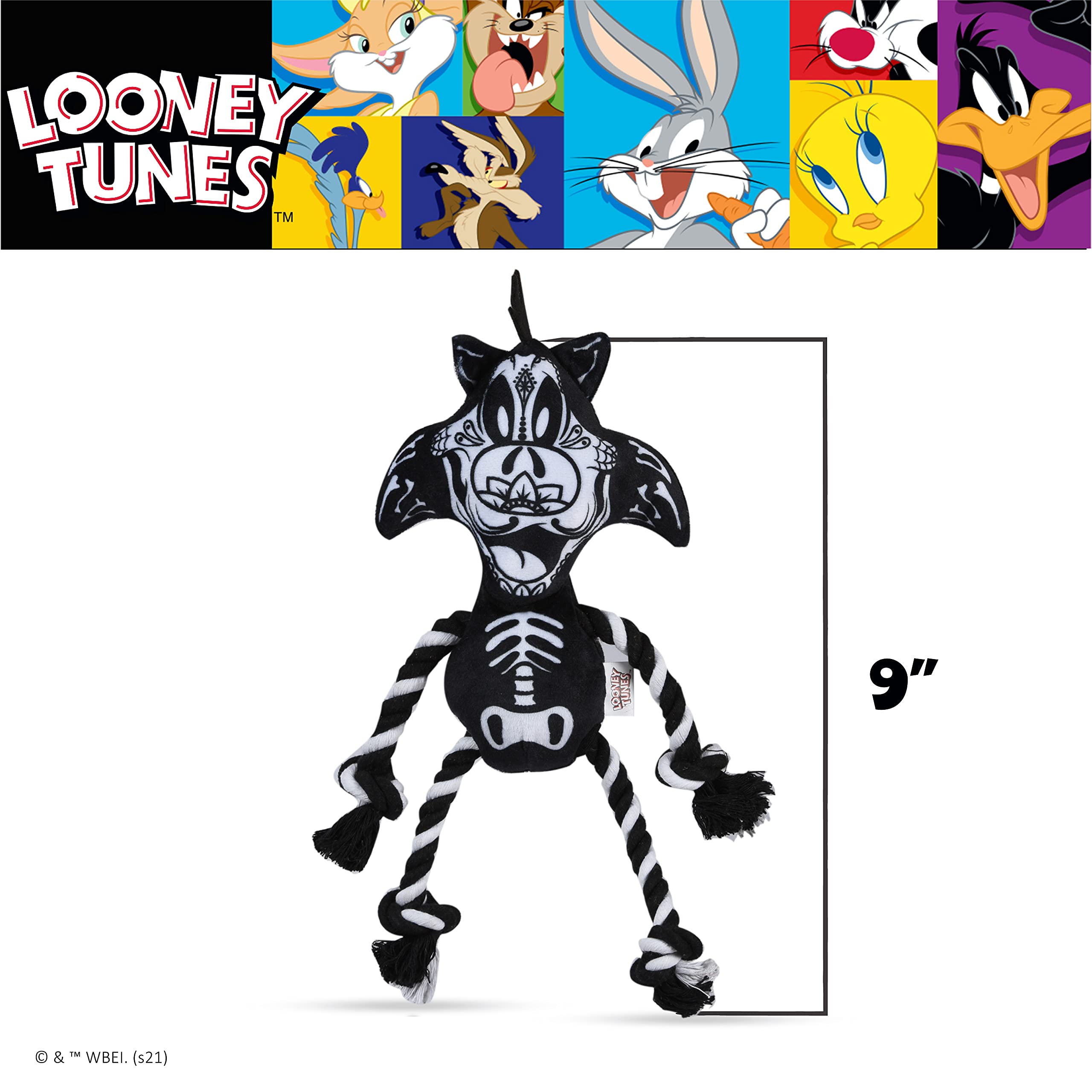 Looney Tunes For Pets Sylvester The Cat Halloween Skeleton Rope Pull Dog Toy | Sylvester The Cat Squeaky Dog Toy | Plush Fabric Dog Chew Toy Rope Toy For Dogs, 9 Inch (Ff16974)