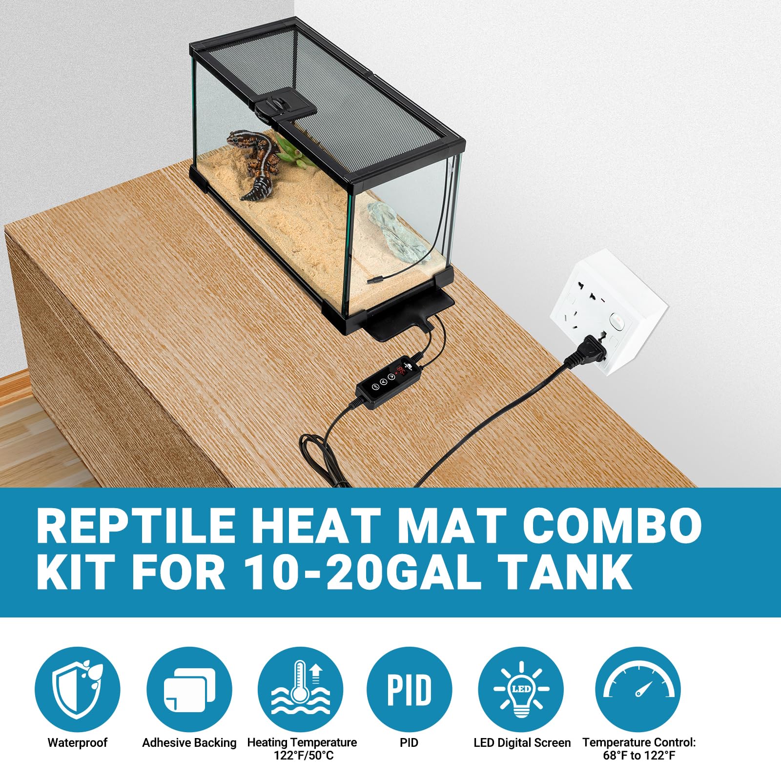 Cavachew Reptile Heat Pad With Dimming Thermostat, 6'' X 8'' 8W Heating Pad Combo Set For 10-20 Gallon Reptile Tank, Under Tank