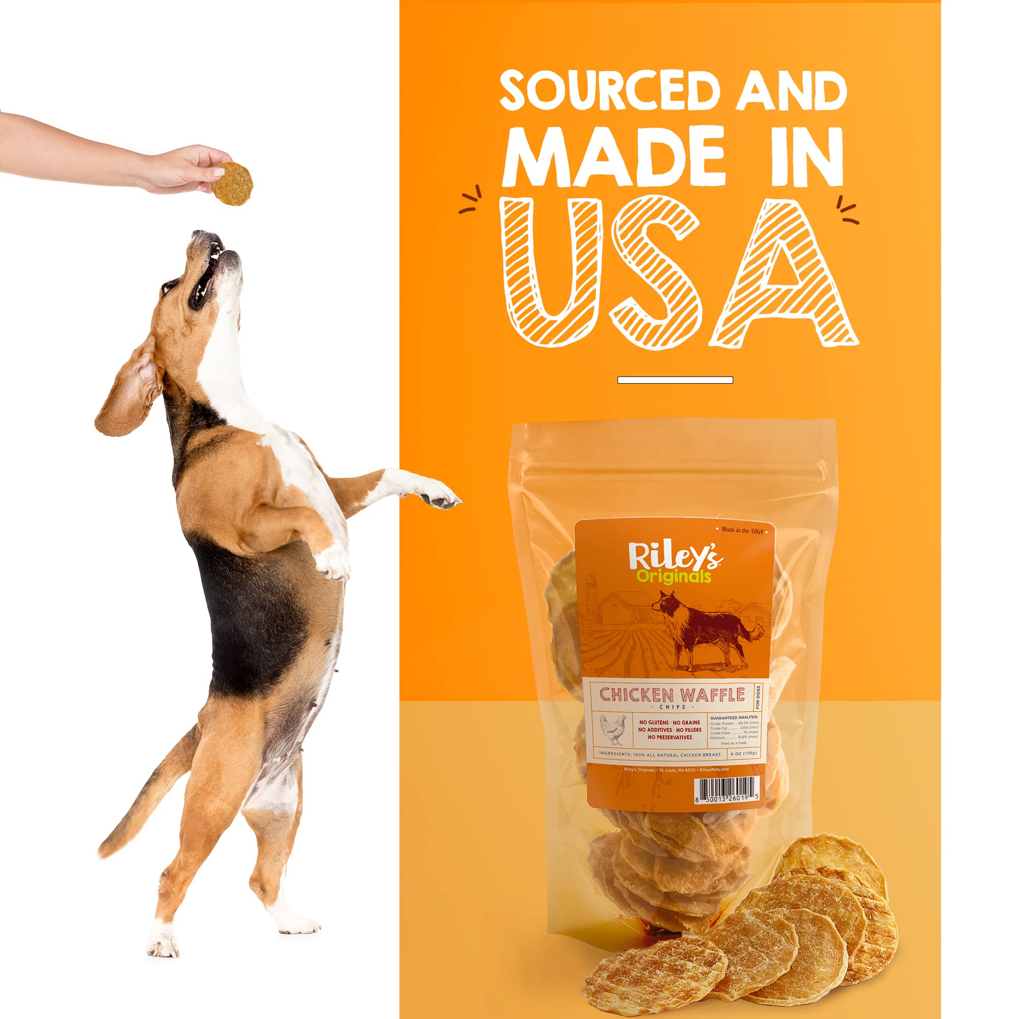 Rileys Waffles Chicken Chips for Dogs - USA Sourced 100% Chicken Breast - Dehydrated and Lean Jerky Treats - Single Ingredient