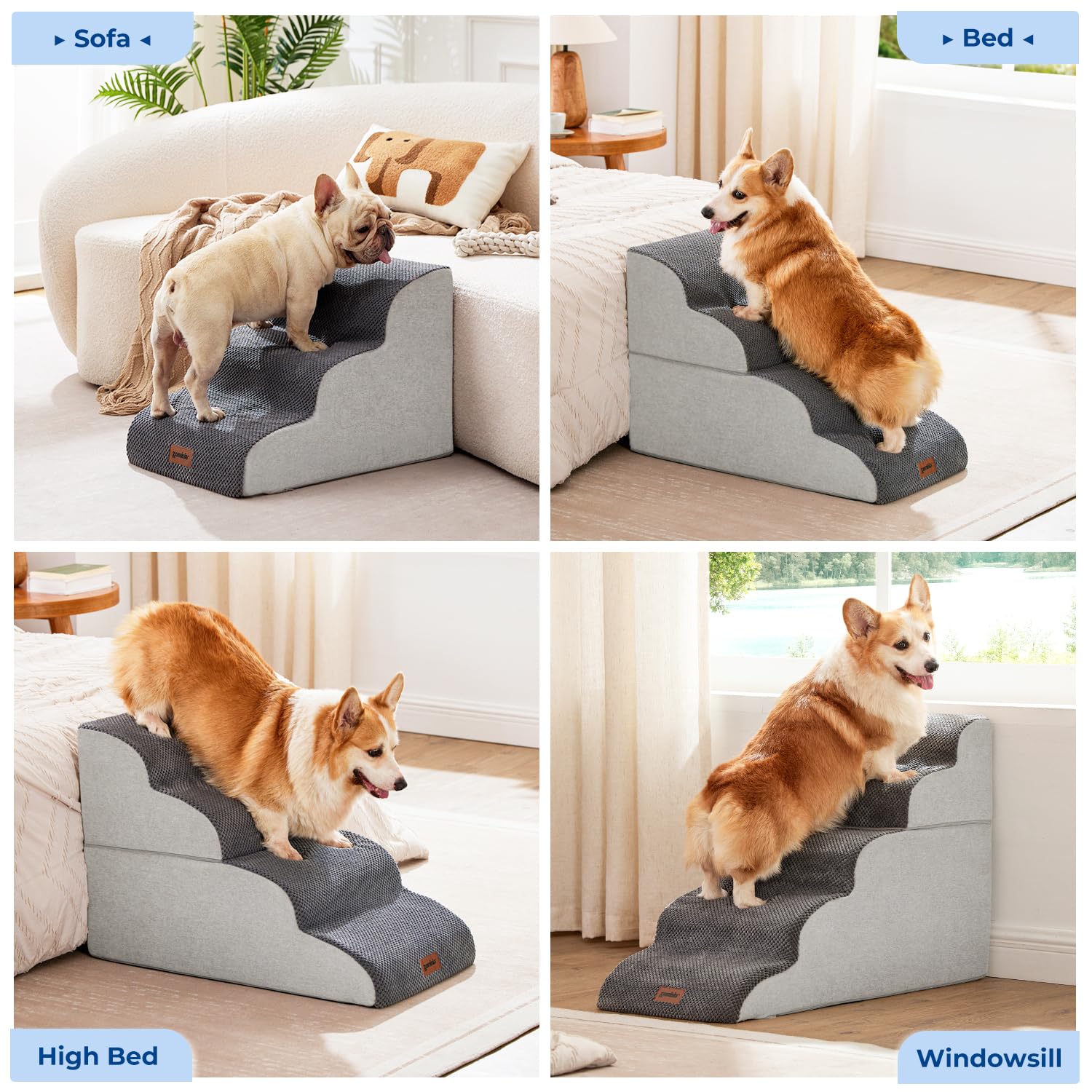 Zomisia Pet Stairs For Small Dogs 15.7'' H - Dog Stairs For Couch And Bed, 35D Foam Dog Steps Ramp With Non-Slip Bottom Grey, 3