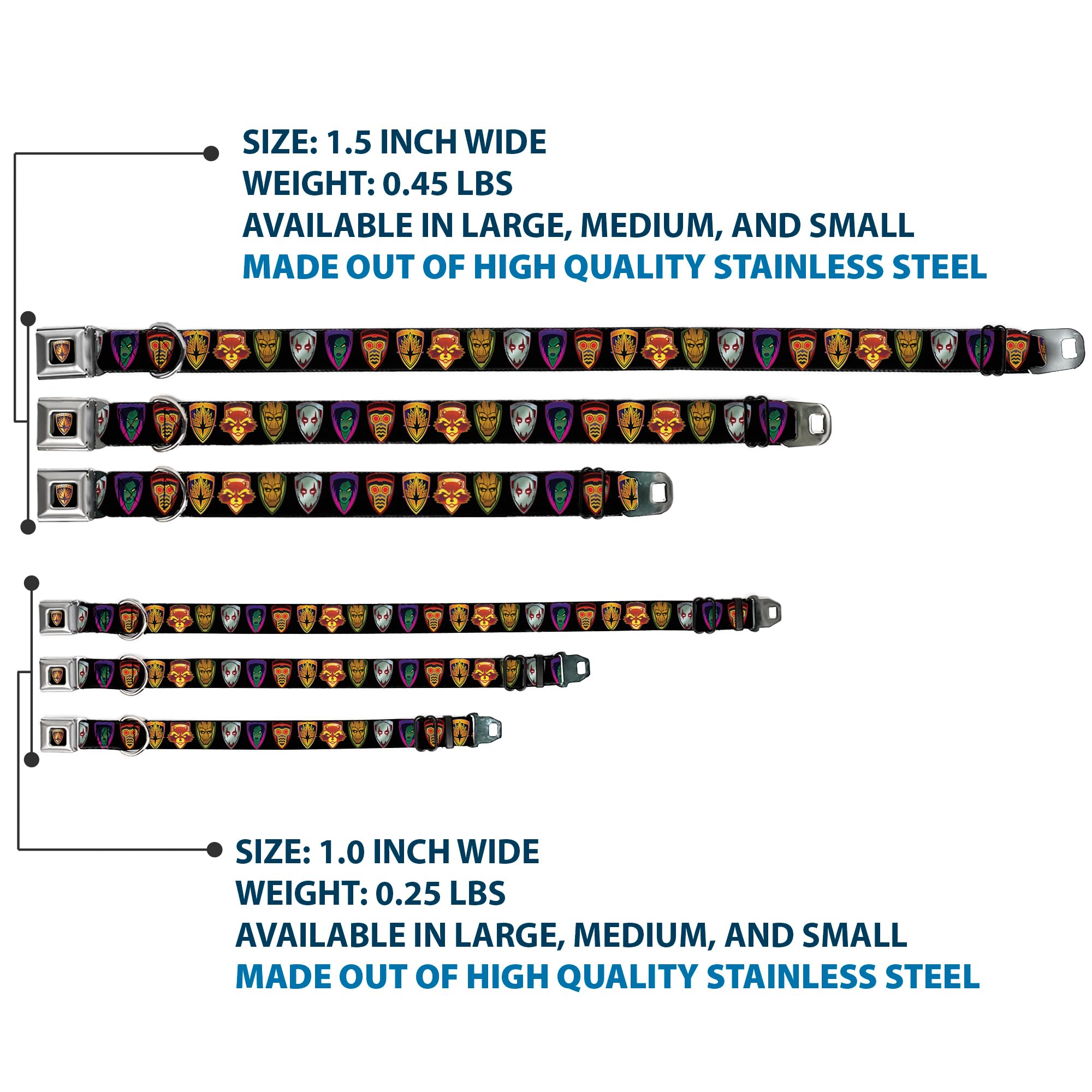 Buckle-Down Dc-Wmc111-Wl Seatbelt Dog Collar, Wide Large, Guardians Of The Galaxy Badge/5-Character Icons Black/Multi Color