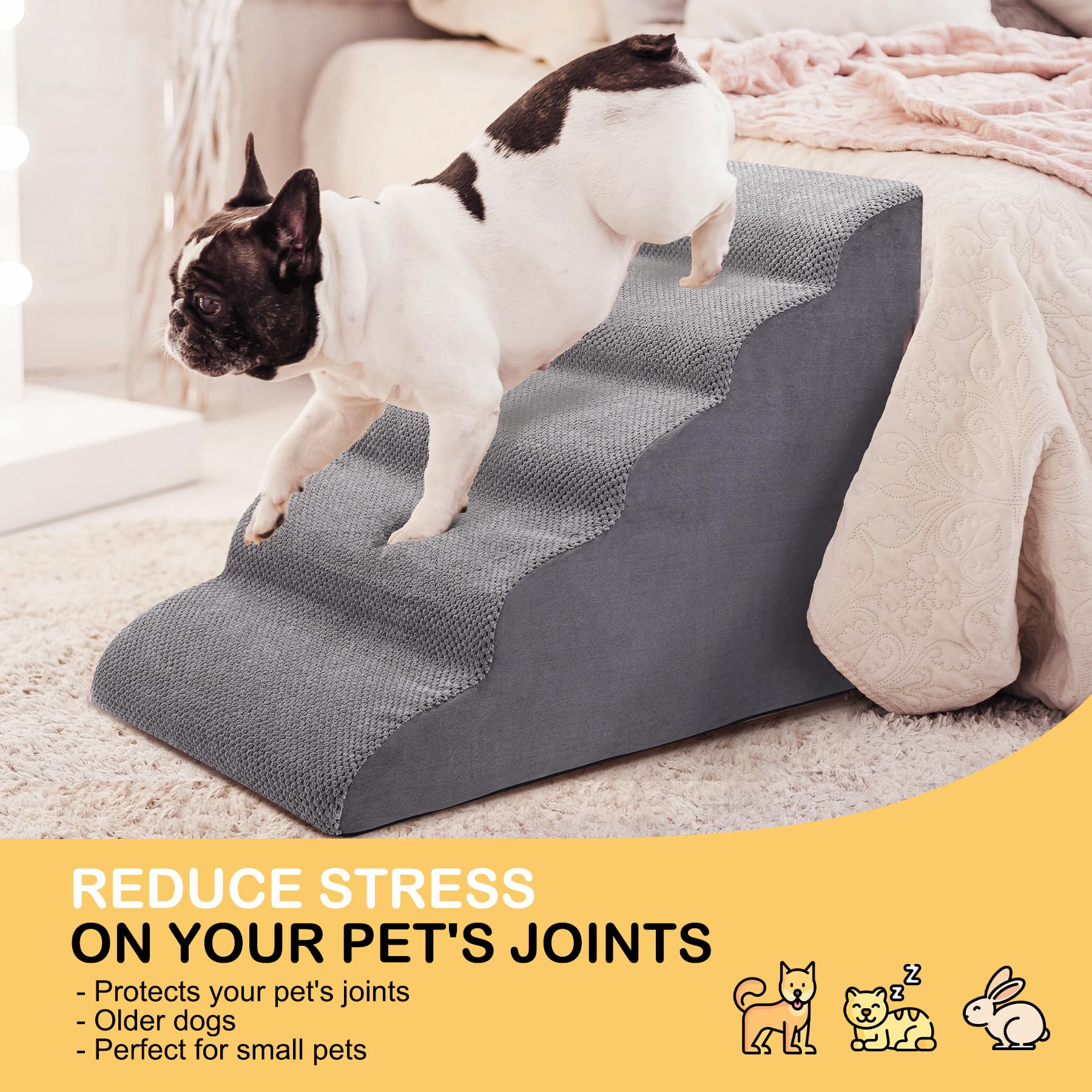 Ciwivoki Dog Stairs For Bed, 5-Step Dog Steps For Couch And High Bed, Non-Slip Pet Stairs, 24' High Sofa Foam Dog Ramp - Best For Small Pets, Older Dogs, Cats With Joint Pain