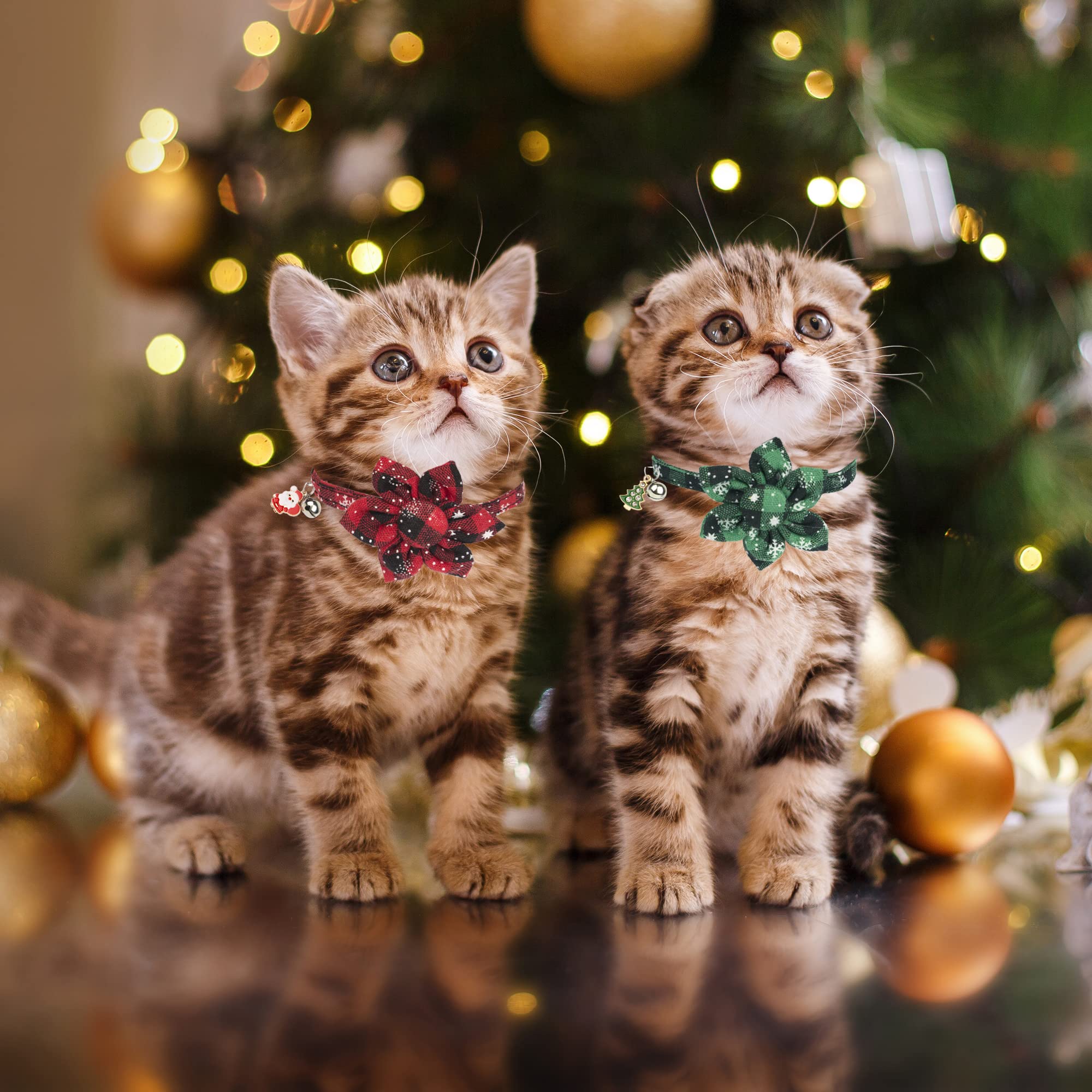 Adoggygo Christmas Cat Collars With Flower Bell, 2 Pack Breakaway Cat Christmas Collar With Removable Floral, Red Green Plaid Flower Collars For Cats (7.5'- 10.5', Floral)