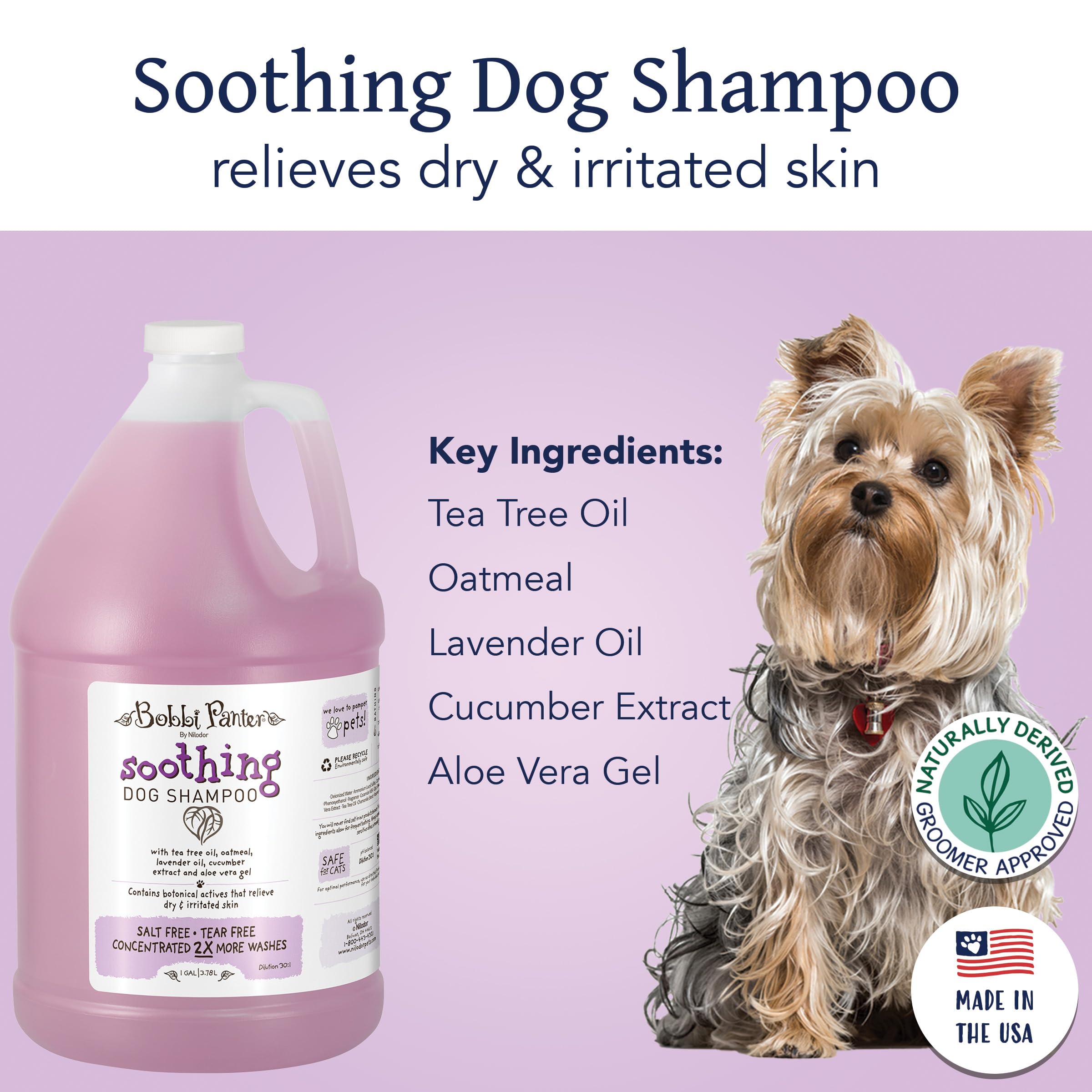 Bobbi Panter Soothing Dog Shampoo, Heals & Soothes Irritated Skin, Lavender Scent - 30:1 Concentrated Formula, Made In The Usa, Trusted By Professional Groomers, 1 Gal.