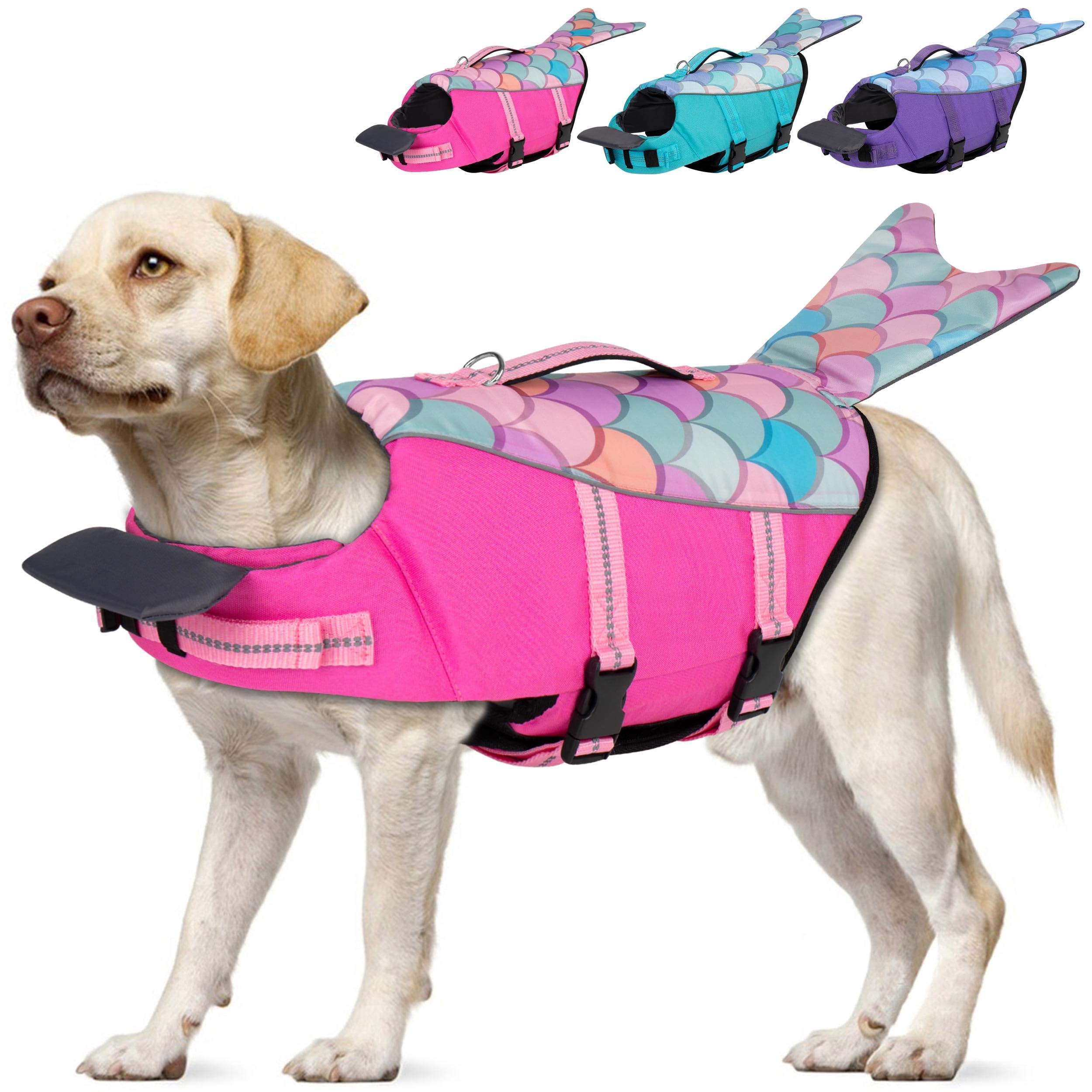 Cyeollo Dog Life Jacket Reflective Mermaid Dog Life Vest For Swimming Boating, High Buoyancy Pet Life Preserver Lightweight Larg